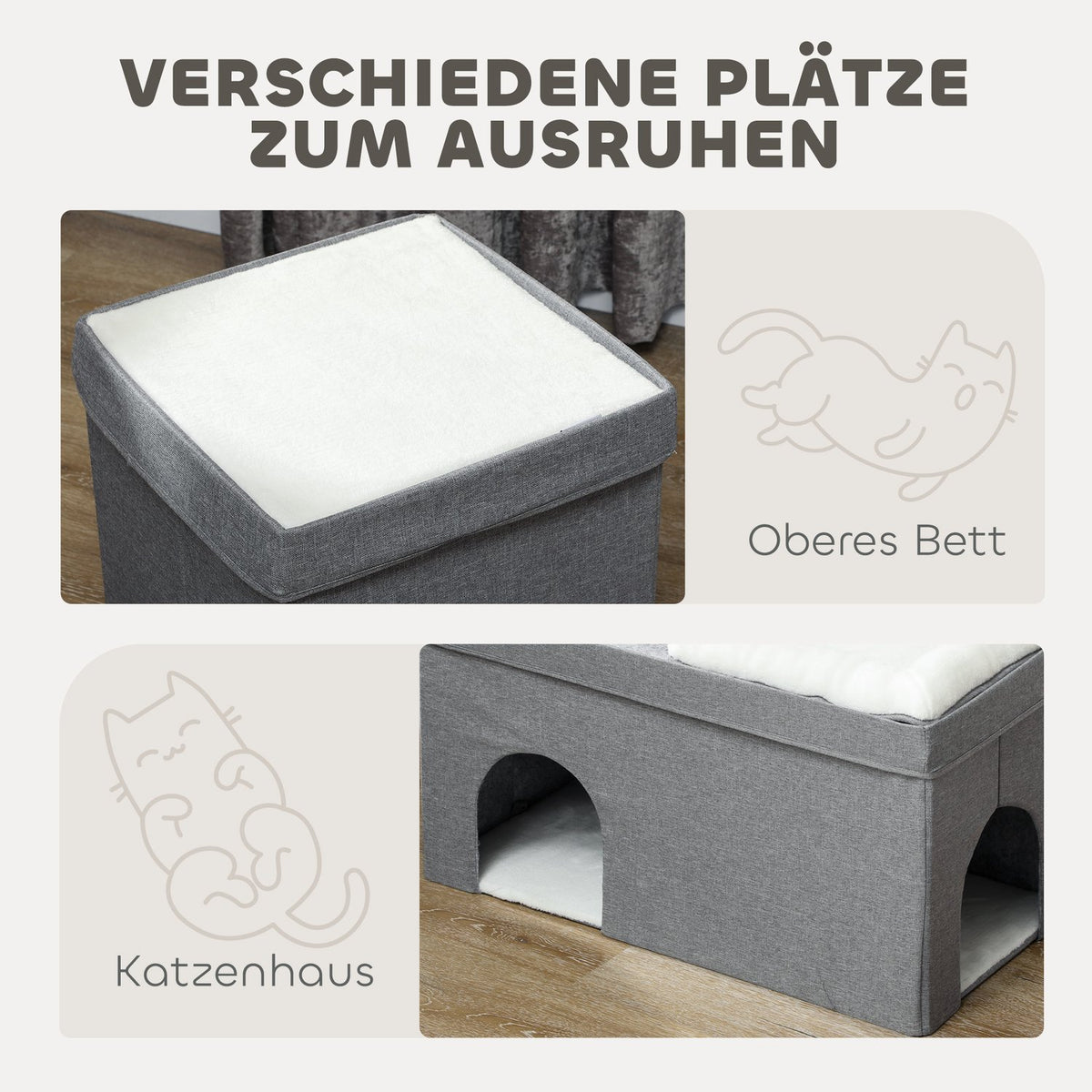 Cat cave cat house, cat house with 3 levels, cat bed with cushion, dog house for cats up to 5 kg, 74 x 37.5 x 78.5 cm, gray