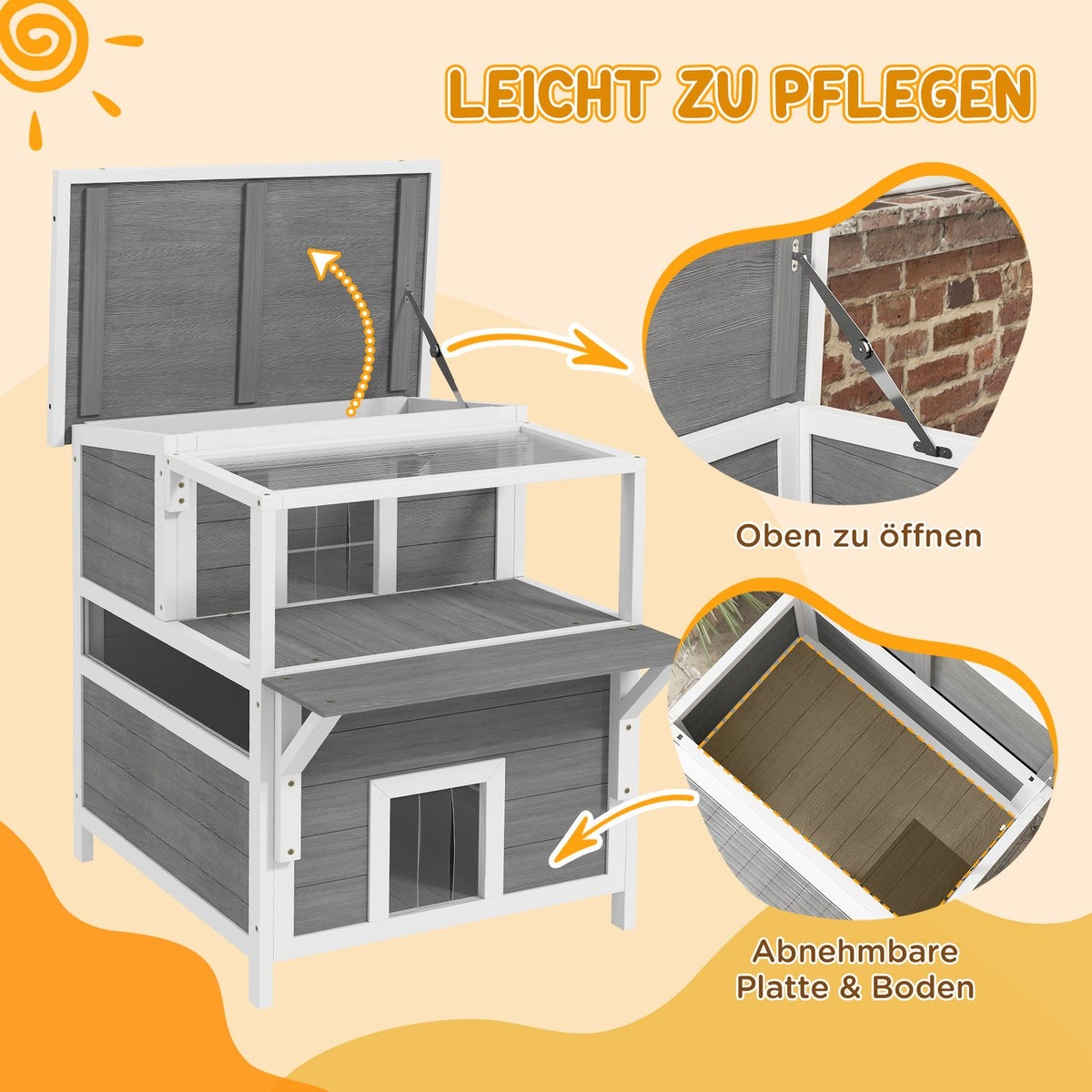 Cat cave, cat house made of fir wood, cat house with balcony, entrances, for cats up to 5 kg, outdoor, 64 x 87 x 76 cm, light gray