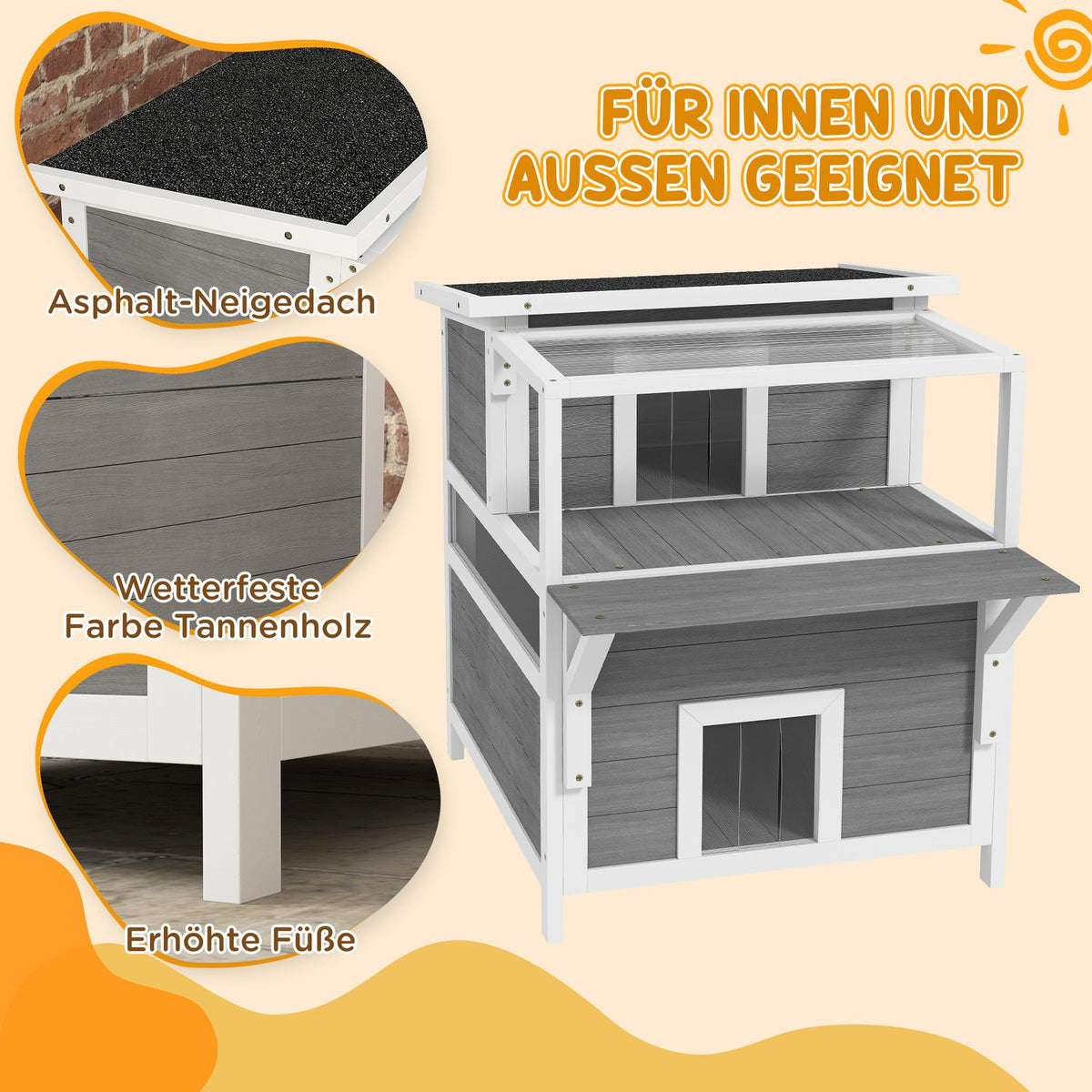 Cat cave, cat house made of fir wood, cat house with balcony, entrances, for cats up to 5 kg, outdoor, 64 x 87 x 76 cm, light gray