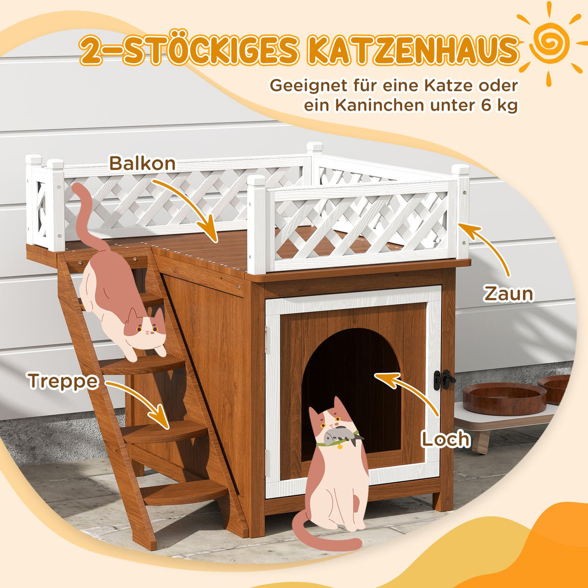 Cat cave, cat house made of fir wood, cat house with balcony, stairs, for cats, rabbits up to 6 kg, indoor, outdoor 67.5 x 63 x 68.5 cm, brown