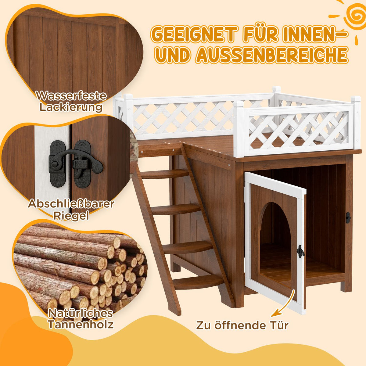Cat cave, cat house made of fir wood, cat house with balcony, stairs, for cats, rabbits up to 6 kg, indoor, outdoor 67.5 x 63 x 68.5 cm, brown