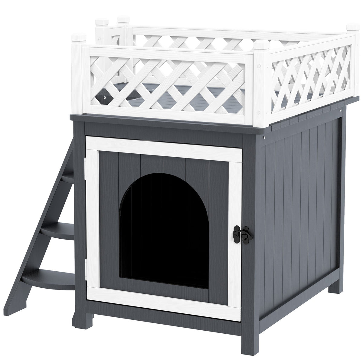 Cat cave, cat house made of fir wood, cat house with balcony, stairs, for cats, rabbits up to 6 kg, indoor, outdoor 67.5 x 63 x 68.5 cm, gray