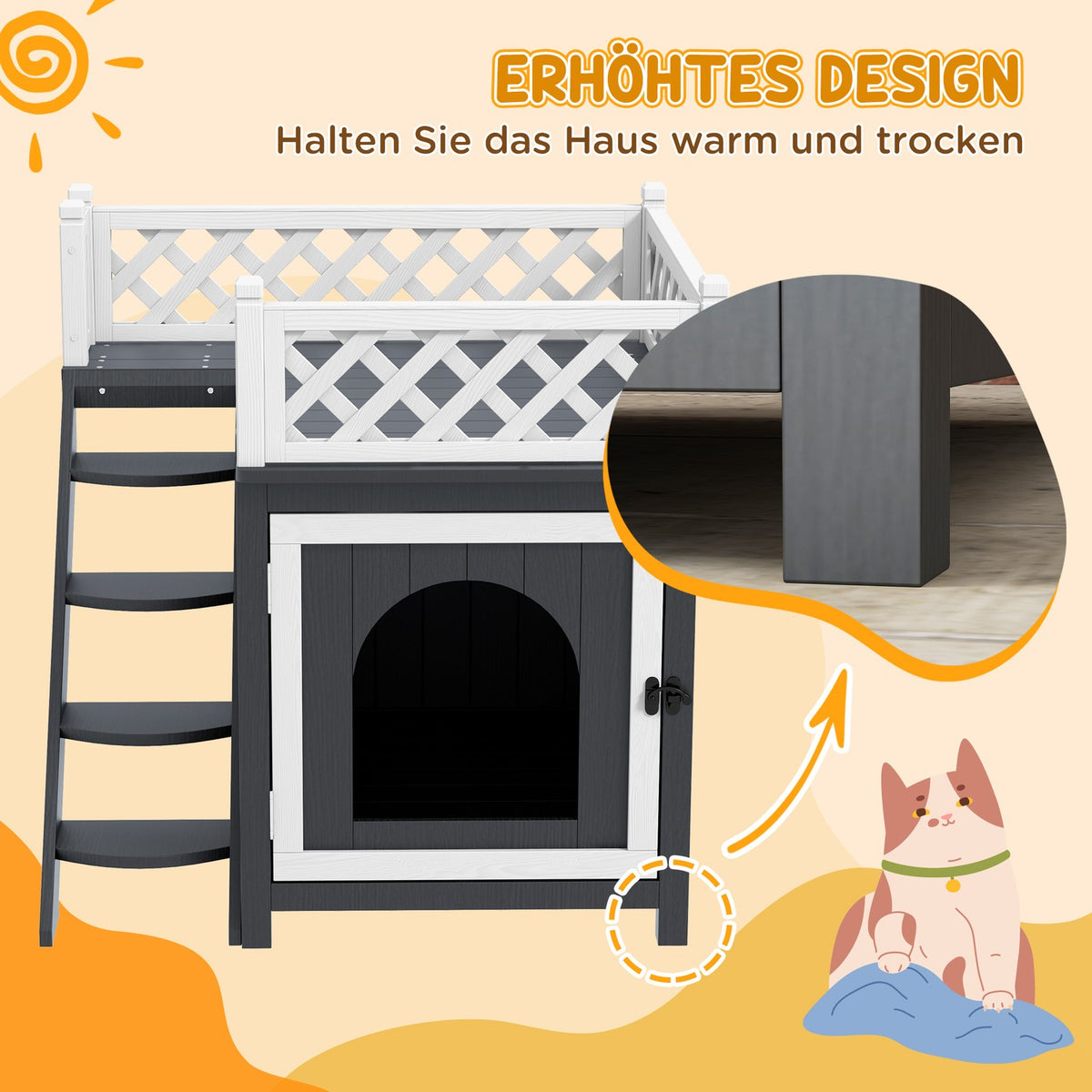 Cat cave, cat house made of fir wood, cat house with balcony, stairs, for cats, rabbits up to 6 kg, indoor, outdoor 67.5 x 63 x 68.5 cm, gray