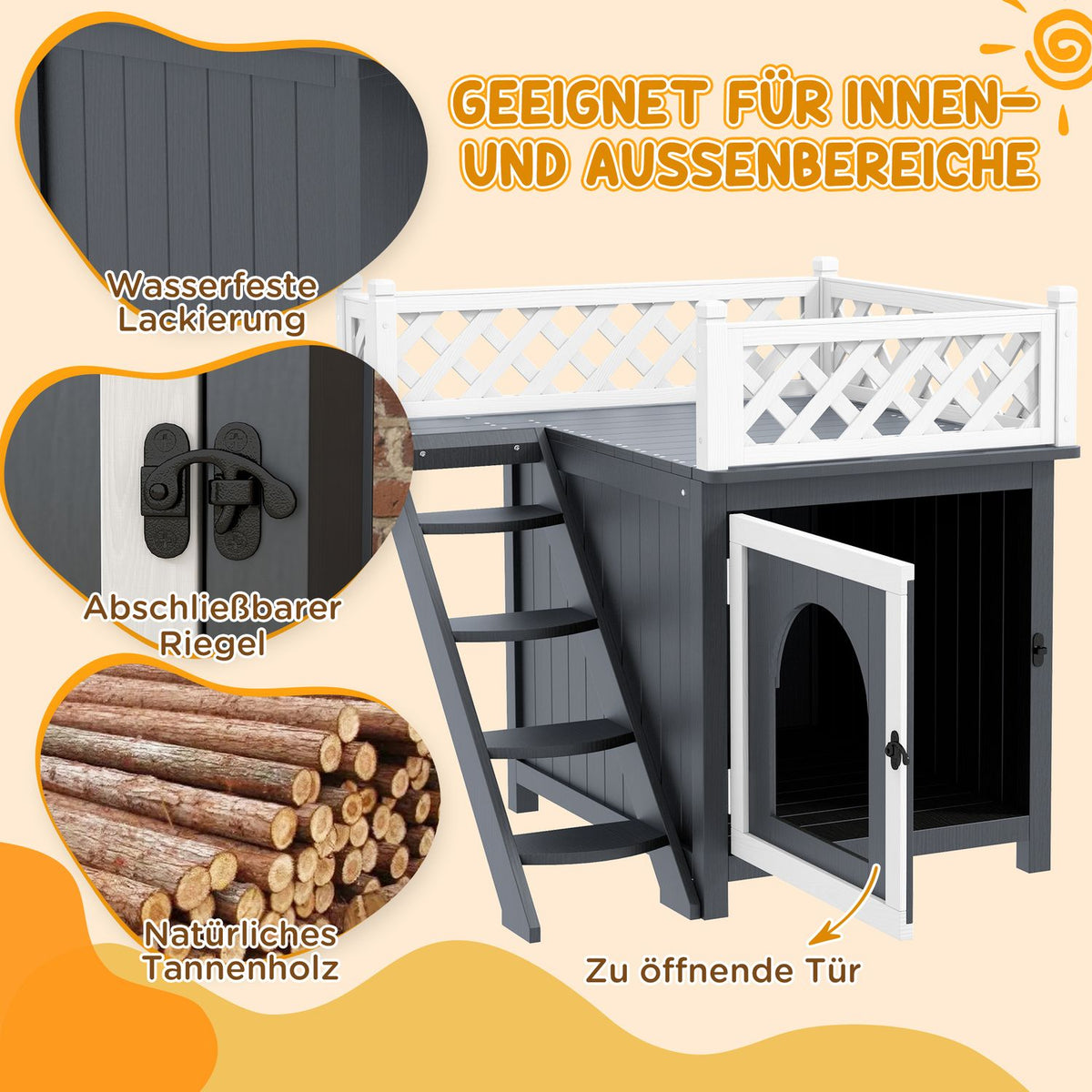 Cat cave, cat house made of fir wood, cat house with balcony, stairs, for cats, rabbits up to 6 kg, indoor, outdoor 67.5 x 63 x 68.5 cm, gray