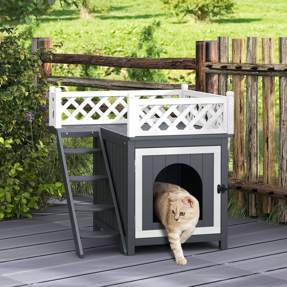 Cat cave, cat house made of fir wood, cat house with balcony, stairs, for cats, rabbits up to 6 kg, indoor, outdoor 67.5 x 63 x 68.5 cm, gray