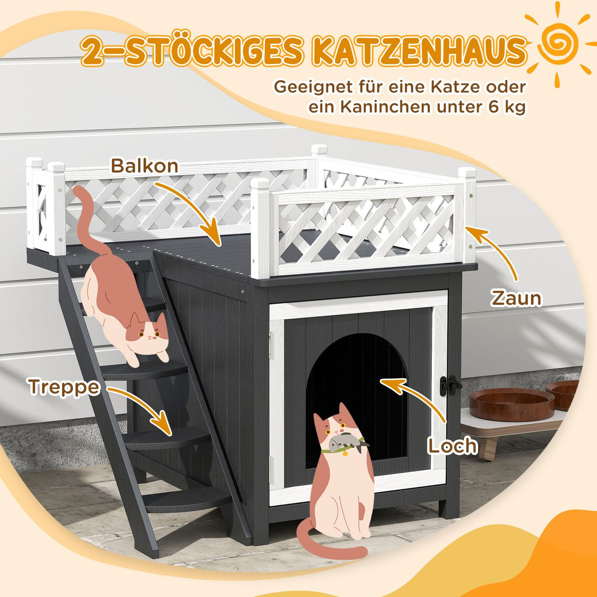 Cat cave, cat house made of fir wood, cat house with balcony, stairs, for cats, rabbits up to 6 kg, indoor, outdoor 67.5 x 63 x 68.5 cm, gray