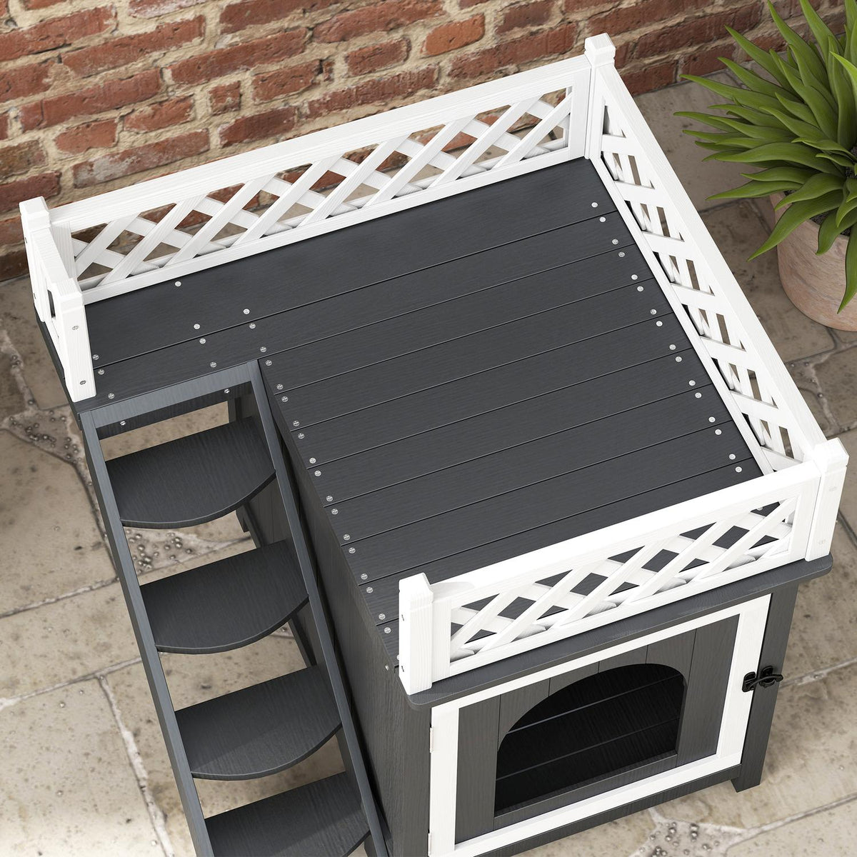 Cat cave, cat house made of fir wood, cat house with balcony, stairs, for cats, rabbits up to 6 kg, indoor, outdoor 67.5 x 63 x 68.5 cm, gray