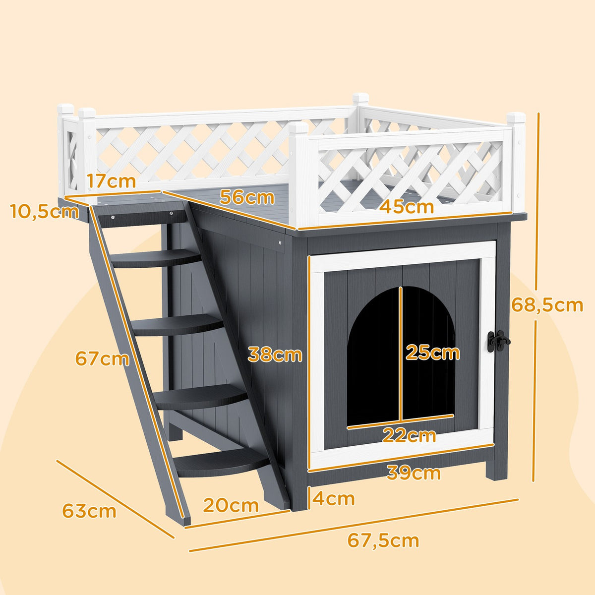 Cat cave, cat house made of fir wood, cat house with balcony, stairs, for cats, rabbits up to 6 kg, indoor, outdoor 67.5 x 63 x 68.5 cm, gray