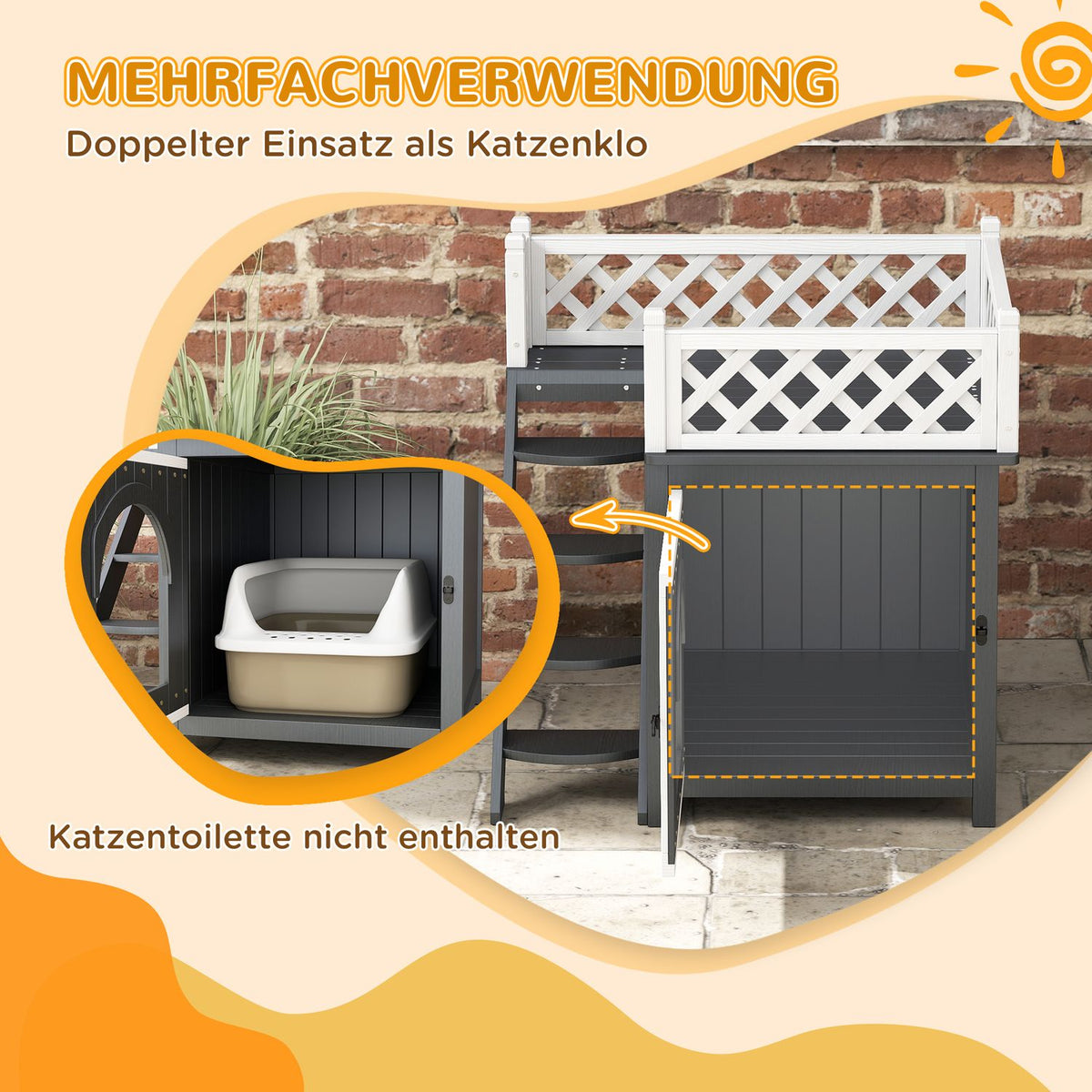 Cat cave, cat house made of fir wood, cat house with balcony, stairs, for cats, rabbits up to 6 kg, indoor, outdoor 67.5 x 63 x 68.5 cm, gray