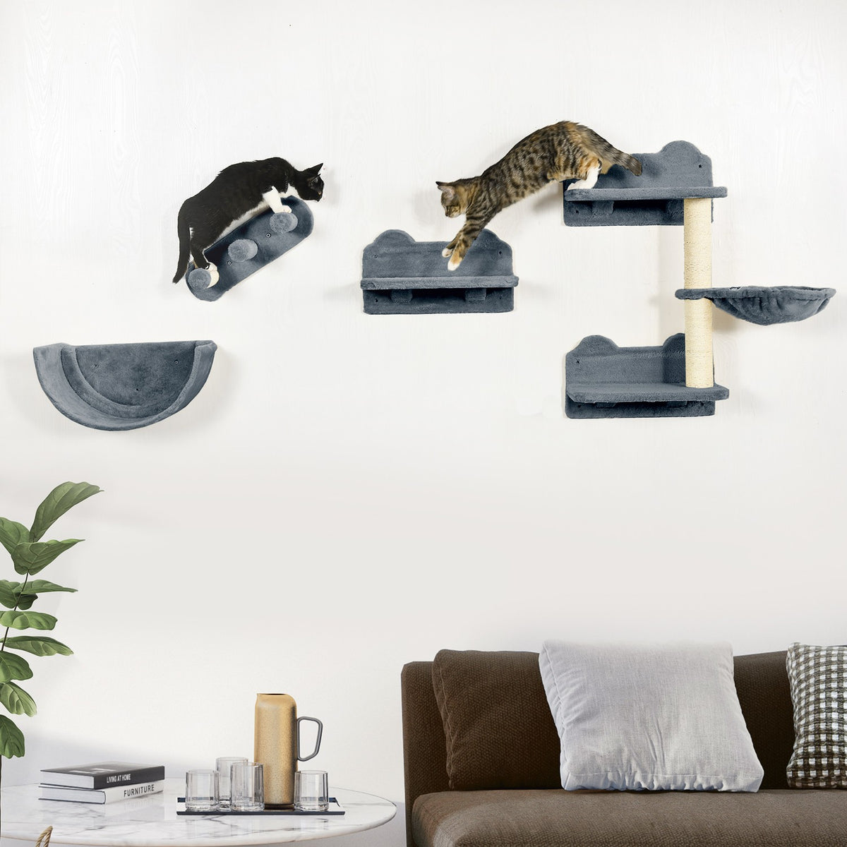 Cat climbing wall 4 pieces, climbing cat scratching post with cat stairs, hammock, jumping platform, wall scratching post, wall cat furniture, up to 5 kg