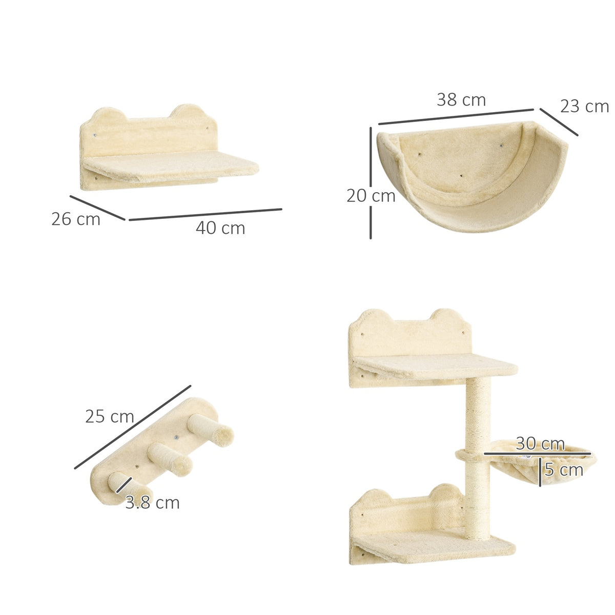 Cat climbing wall 4 pieces, climbing cat scratching post with cat stairs, hammock, jumping platform, wall scratching post, wall cat furniture, up to 5 kg