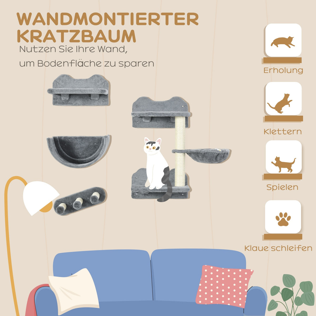 Cat climbing wall 4 pieces, climbing cat scratching post with cat stairs, hammock, jumping platform, wall scratching post, wall cat furniture, up to 5 kg