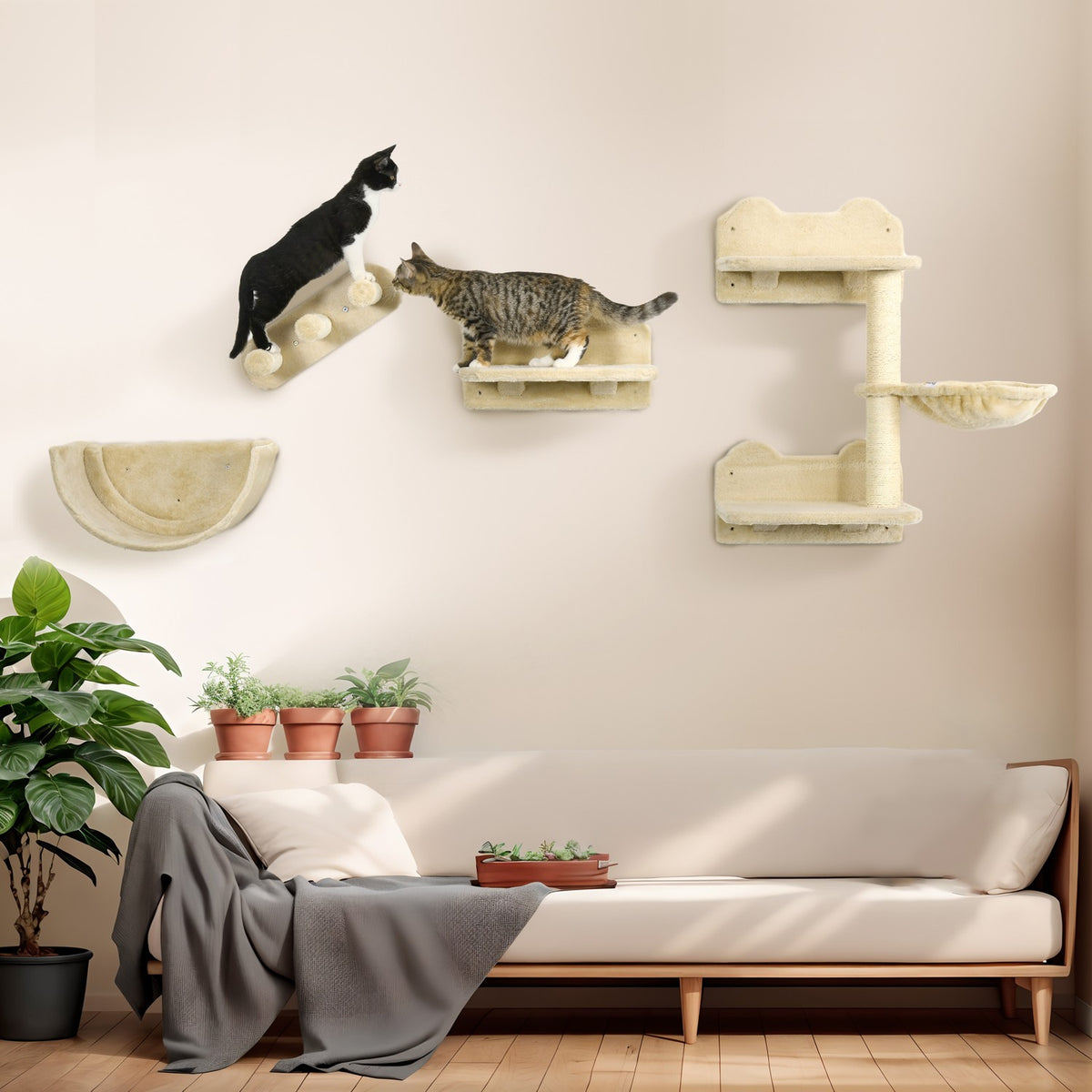 Cat climbing wall 4 pieces, climbing cat scratching post with cat stairs, hammock, jumping platform, wall scratching post, wall cat furniture, up to 5 kg