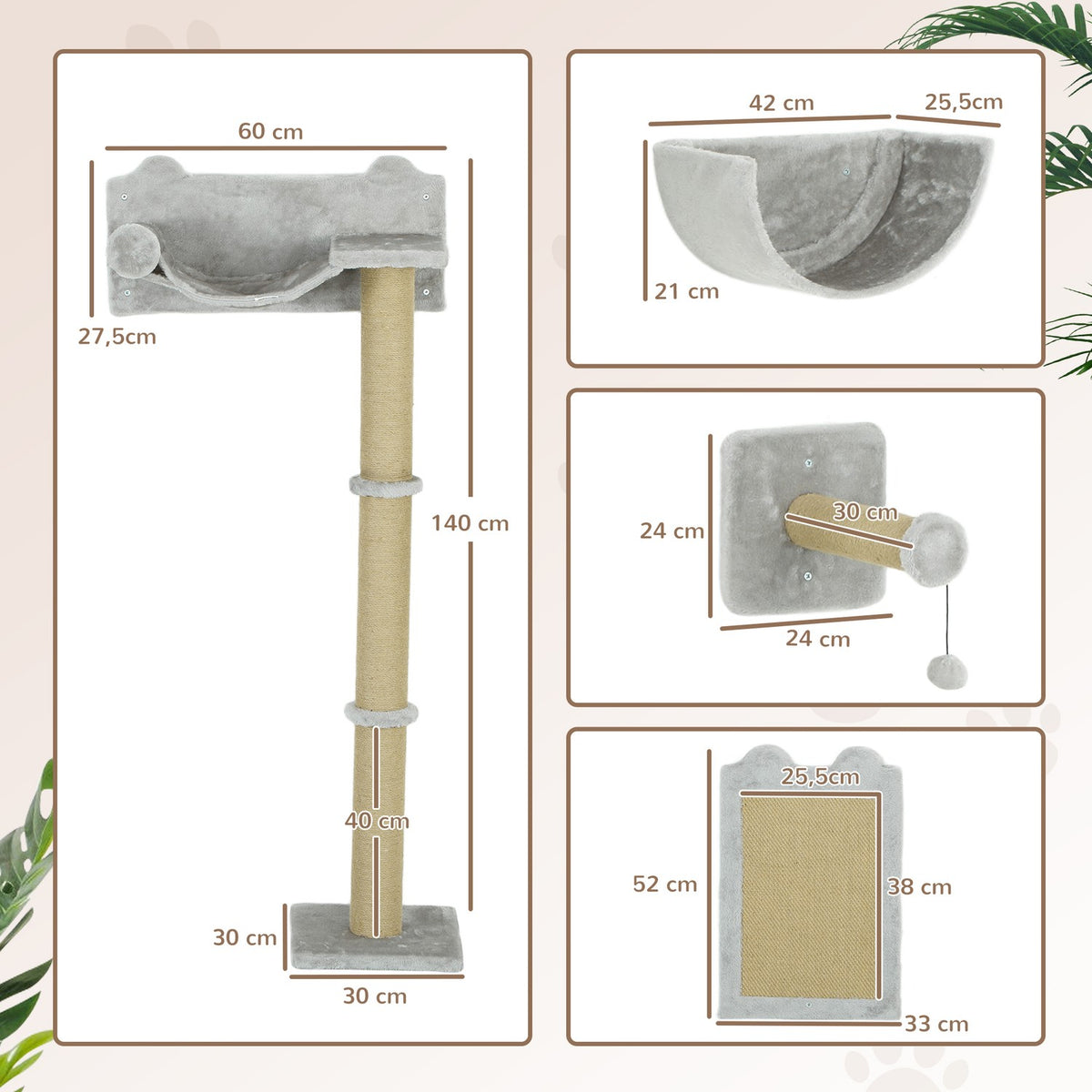 Cat climbing wall 5 pieces. Climbing cat scratching post with scratching posts, hammock, jumping platform, wall scratching post, wall cat furniture for cats up to 5 kg, polyester, light gray