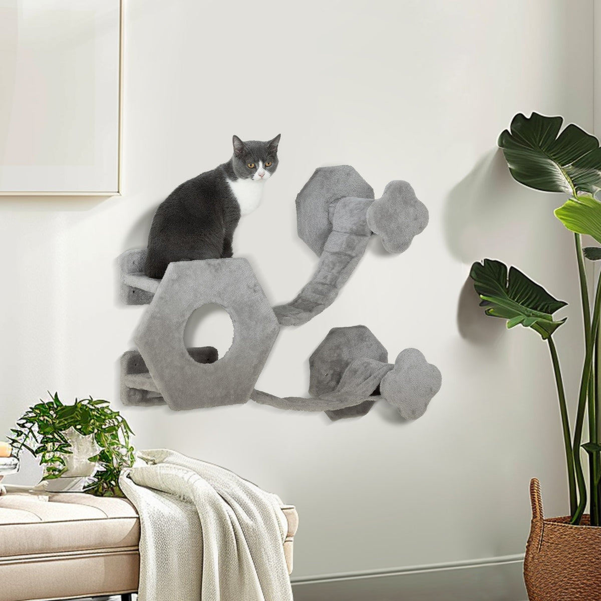 Cat climbing wall, cat lounger with steps, cat cave, diving tower, toy ball, cat platform for cats up to 5 kg, light gray