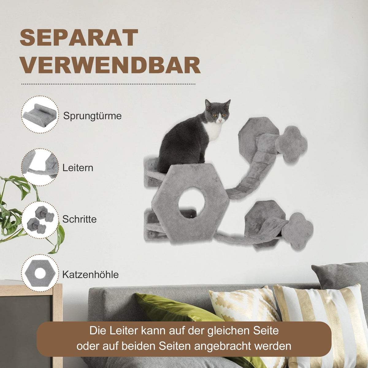 Cat climbing wall, cat lounger with steps, cat cave, diving tower, toy ball, cat platform for cats up to 5 kg, light gray