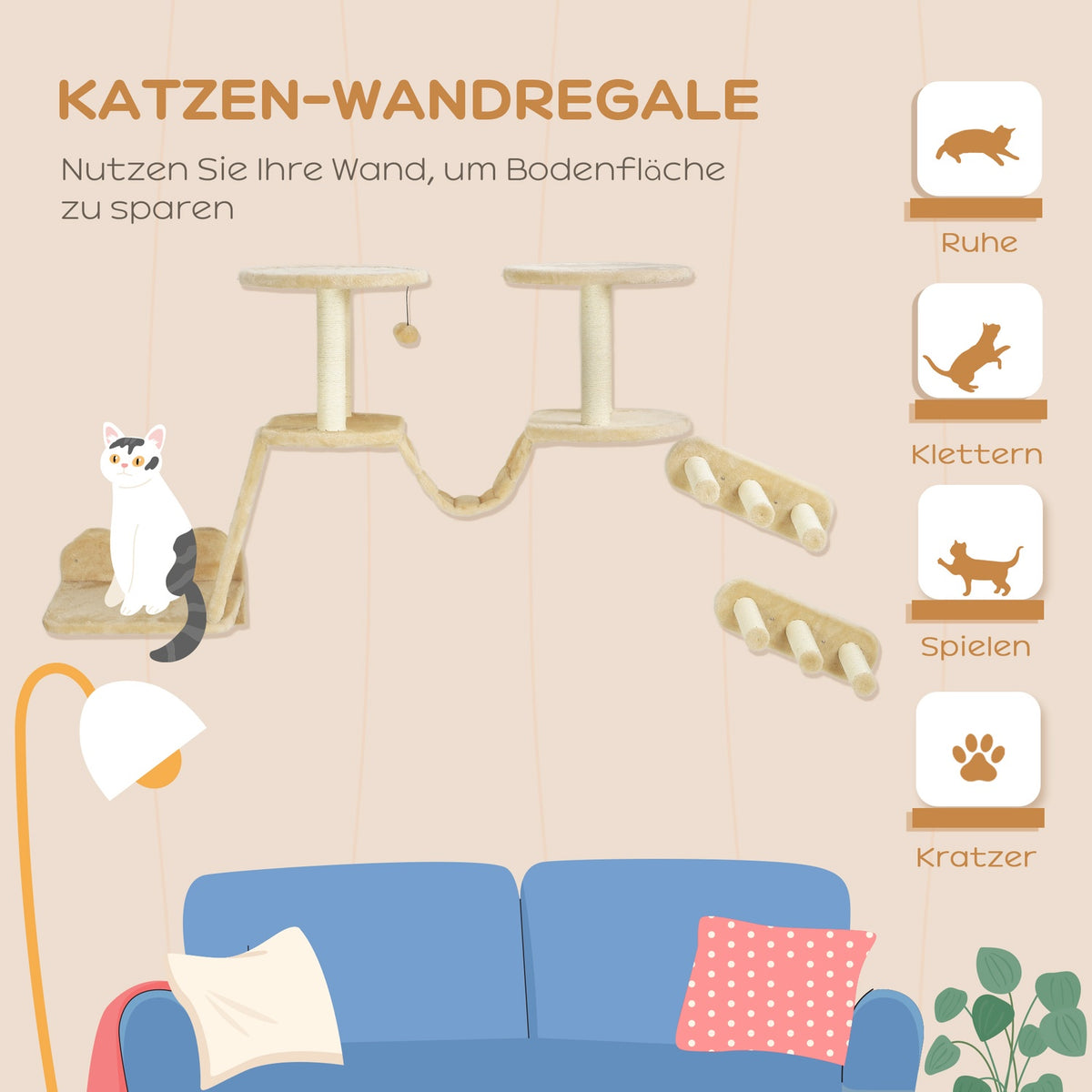 Cat climbing wall set, 3-piece cat furniture with scratching post, perches, ladder, steps, scratching board, for cats up to 5 kg, sisal, beige