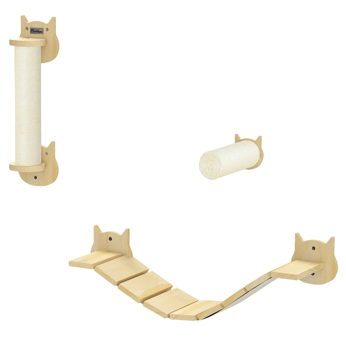 Cat climbing wall set, 3-piece cat furniture with scratching post, step plate, ladder, wall scratching post for cats up to 5 kg, made of pine wood, natural wood