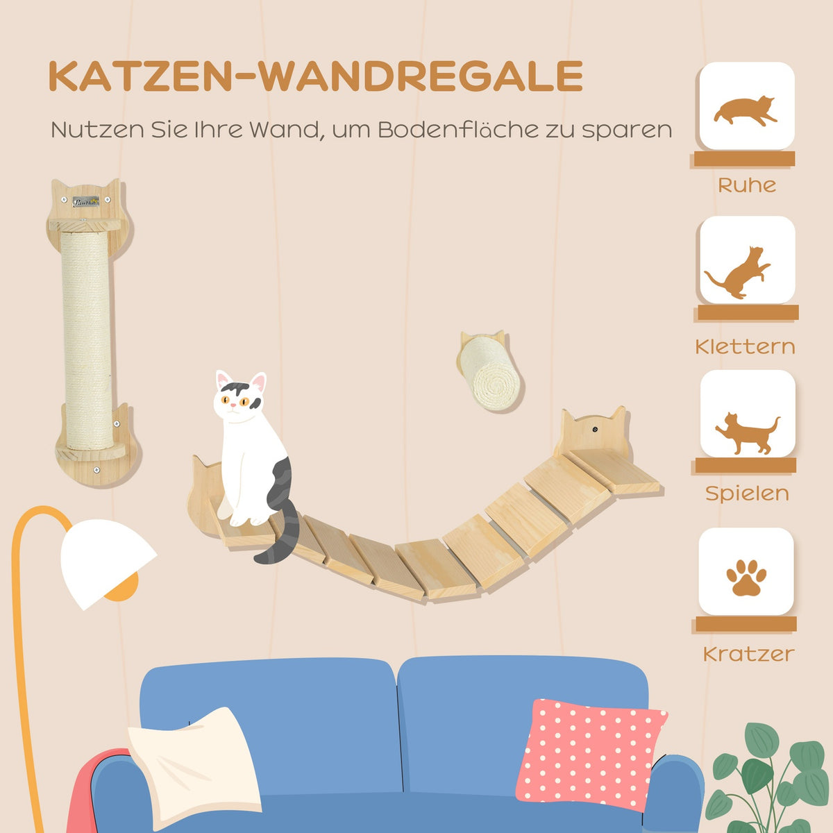 Cat climbing wall set, 3-piece cat furniture with scratching post, step plate, ladder, wall scratching post for cats up to 5 kg, made of pine wood, natural wood