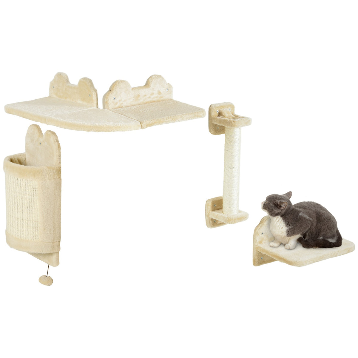 Cat climbing wall set, 4-piece cat furniture with seating platform, corner platform, play ball and bow scratching board, for cats up to 5 kg, plush, beige