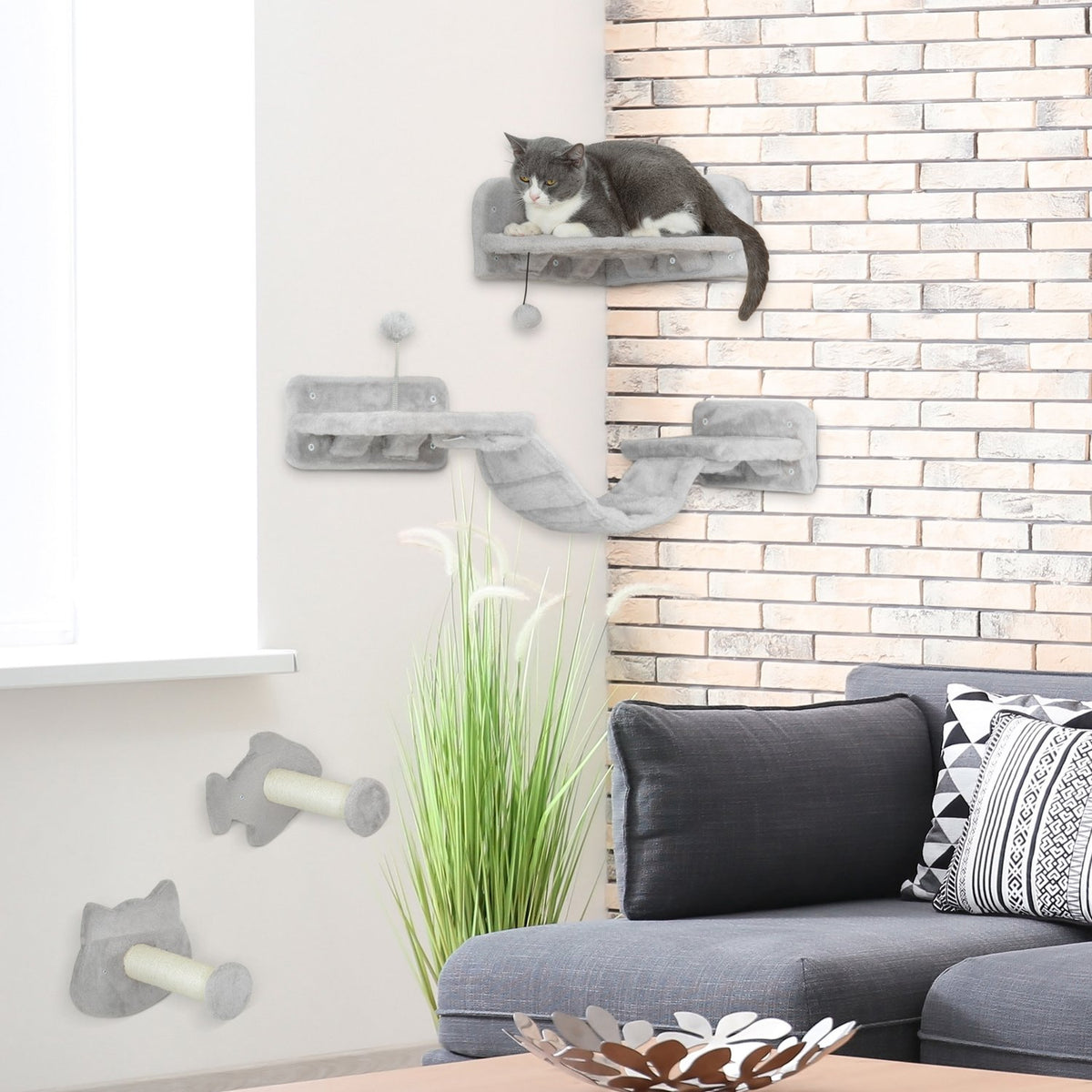 Cat climbing wall set, 4-piece cat furniture with steps, ladder, diving boards, scratching posts, play ball, sisal, for cats up to 5 kg, light gray