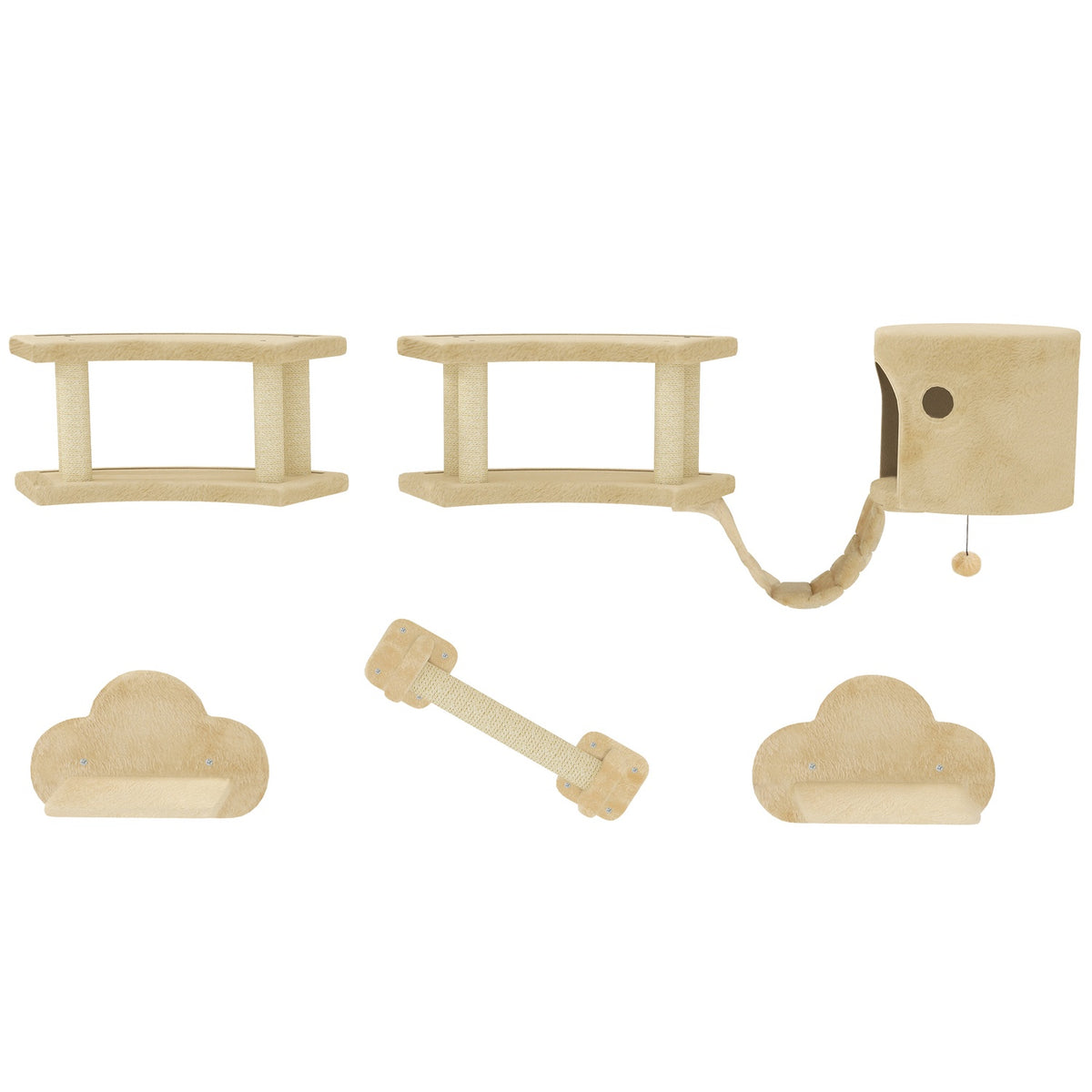 Cat climbing wall set, 5 pieces cat furniture with scratching post, jumping platforms, ladder, house, cat wall frame, for cats up to 5 kg, plush, beige