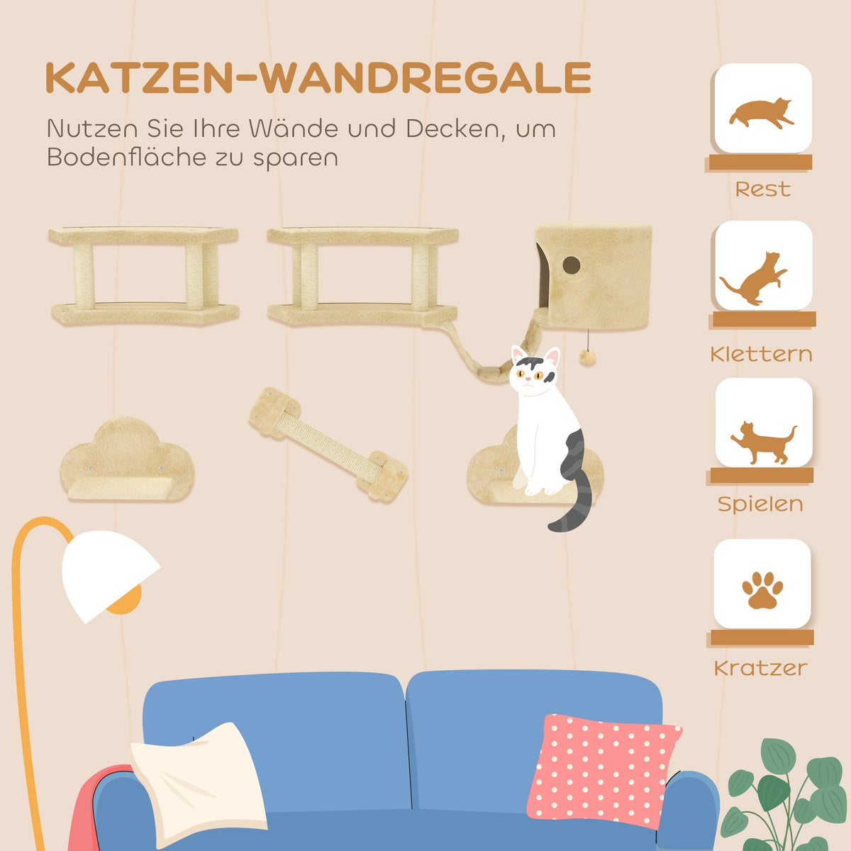 Cat climbing wall set, 5 pieces cat furniture with scratching post, jumping platforms, ladder, house, cat wall frame, for cats up to 5 kg, plush, beige