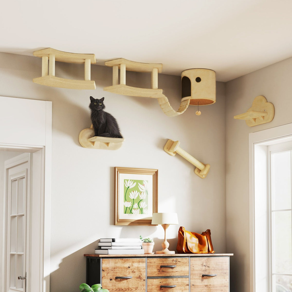 Cat climbing wall set, 5 pieces cat furniture with scratching post, jumping platforms, ladder, house, cat wall frame, for cats up to 5 kg, plush, beige