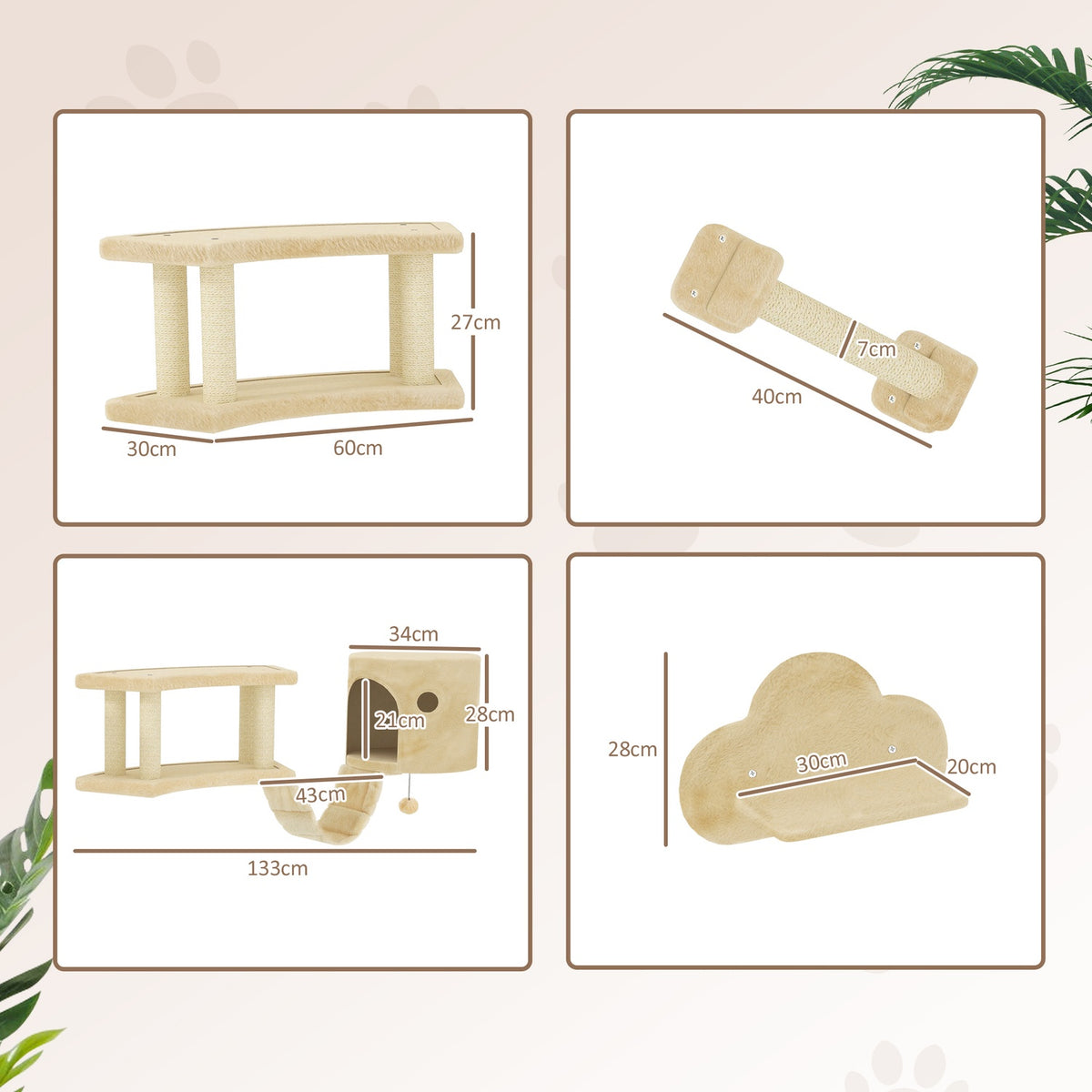 Cat climbing wall set, 5 pieces cat furniture with scratching post, jumping platforms, ladder, house, cat wall frame, for cats up to 5 kg, plush, beige