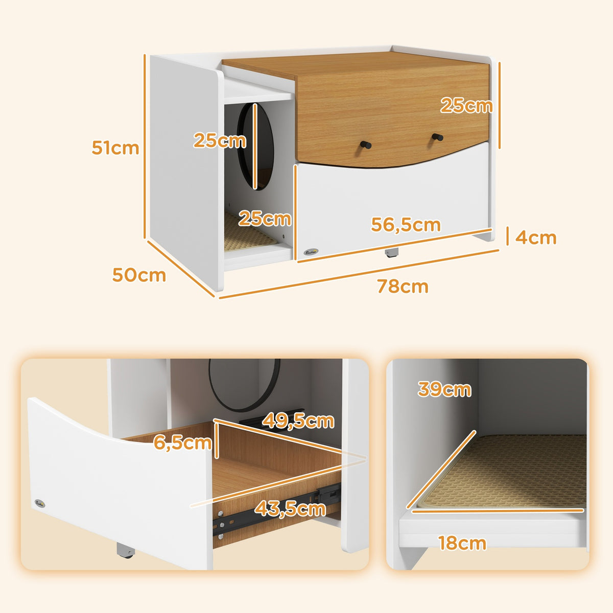 Cat cupboard for cat toilet, cat toilet cupboard with pull-out cupboard, litter collection mat, cat house for indoor, 78 x 50 x 51 cm, oak