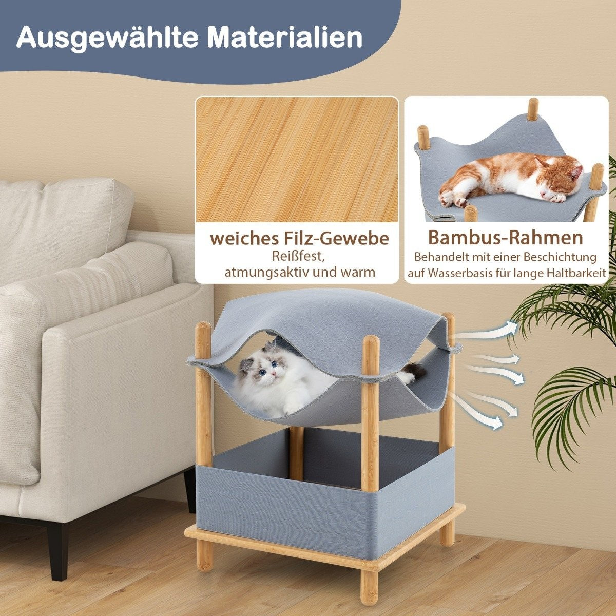 Cat house 2 levels bamboo raised cat bed with storage space 40 x 40 x 53 cm natural + gray