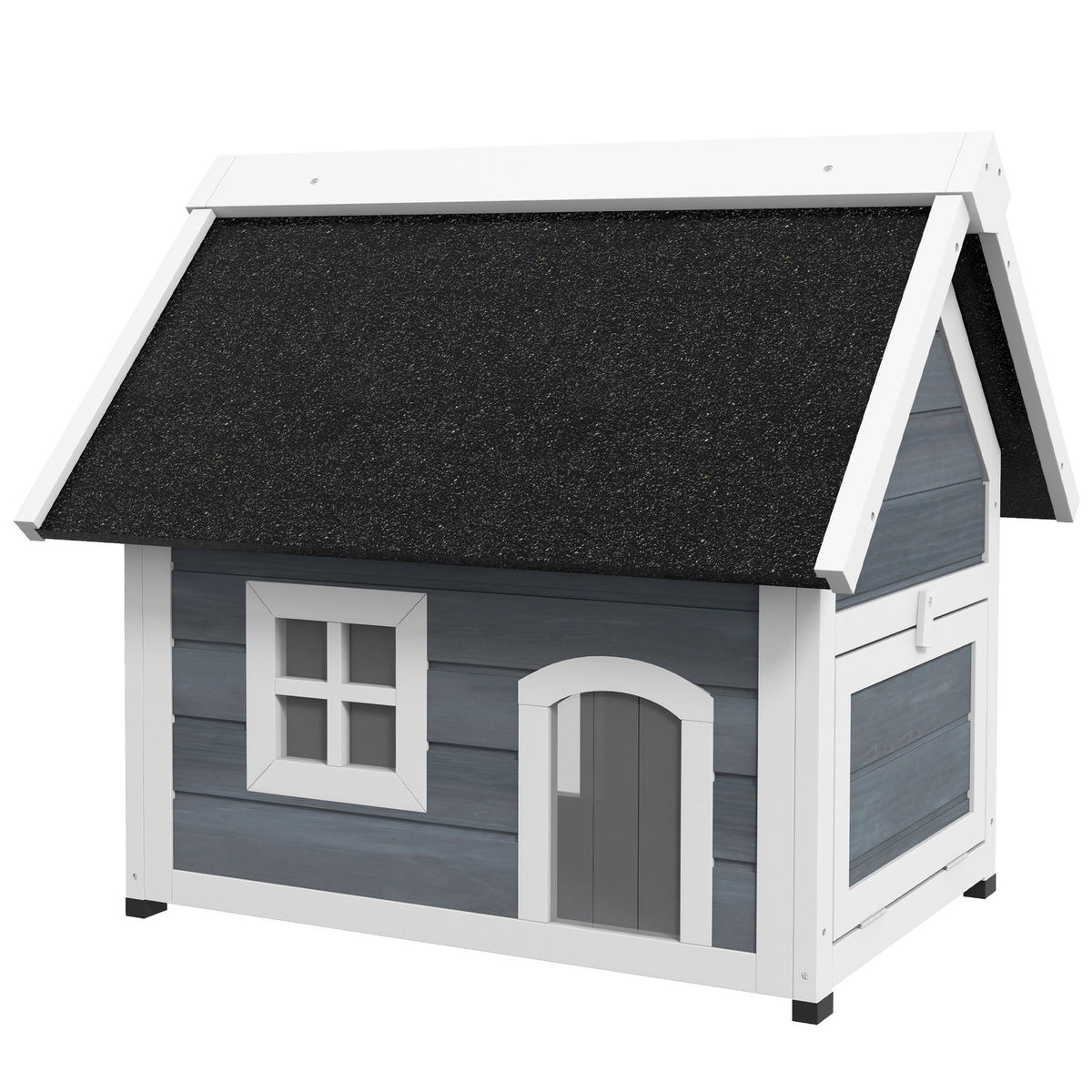 Cat house, wooden cat cave, with hinged asphalt roof, weatherproof cat house with window, 3 doors, 77 x 57.5 x 68 cm, gray