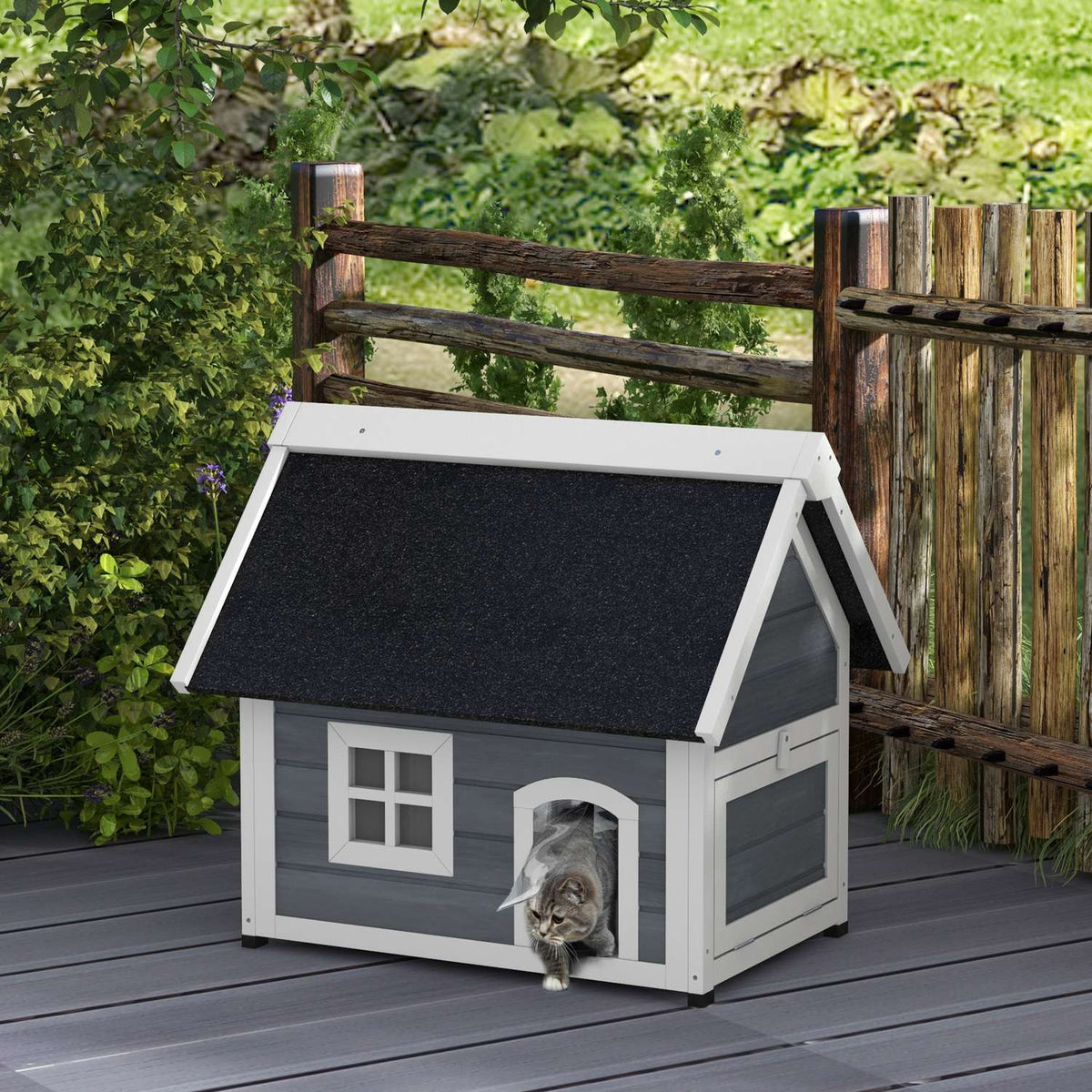 Cat house, wooden cat cave, with hinged asphalt roof, weatherproof cat house with window, 3 doors, 77 x 57.5 x 68 cm, gray