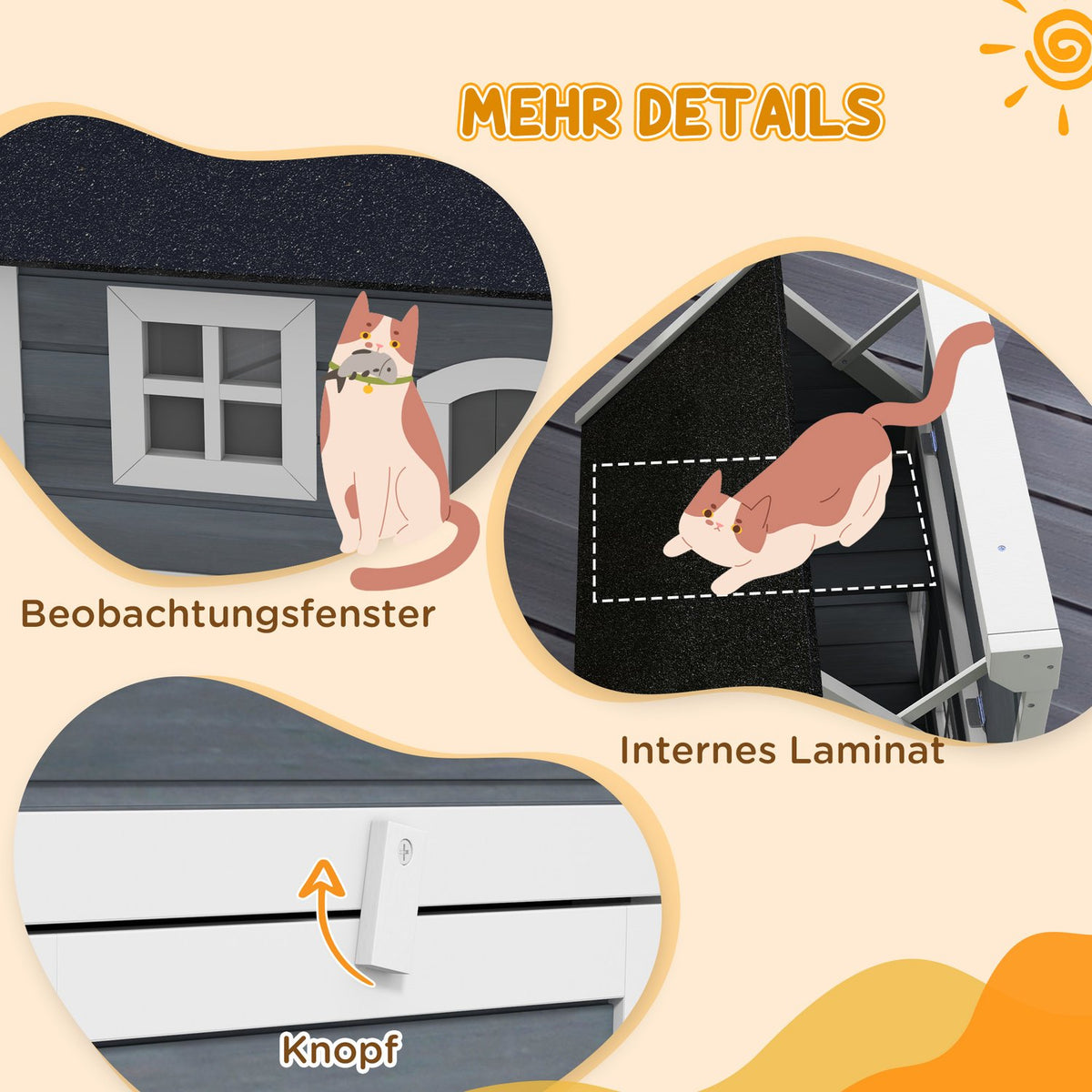 Cat house, wooden cat cave, with hinged asphalt roof, weatherproof cat house with window, 3 doors, 77 x 57.5 x 68 cm, gray