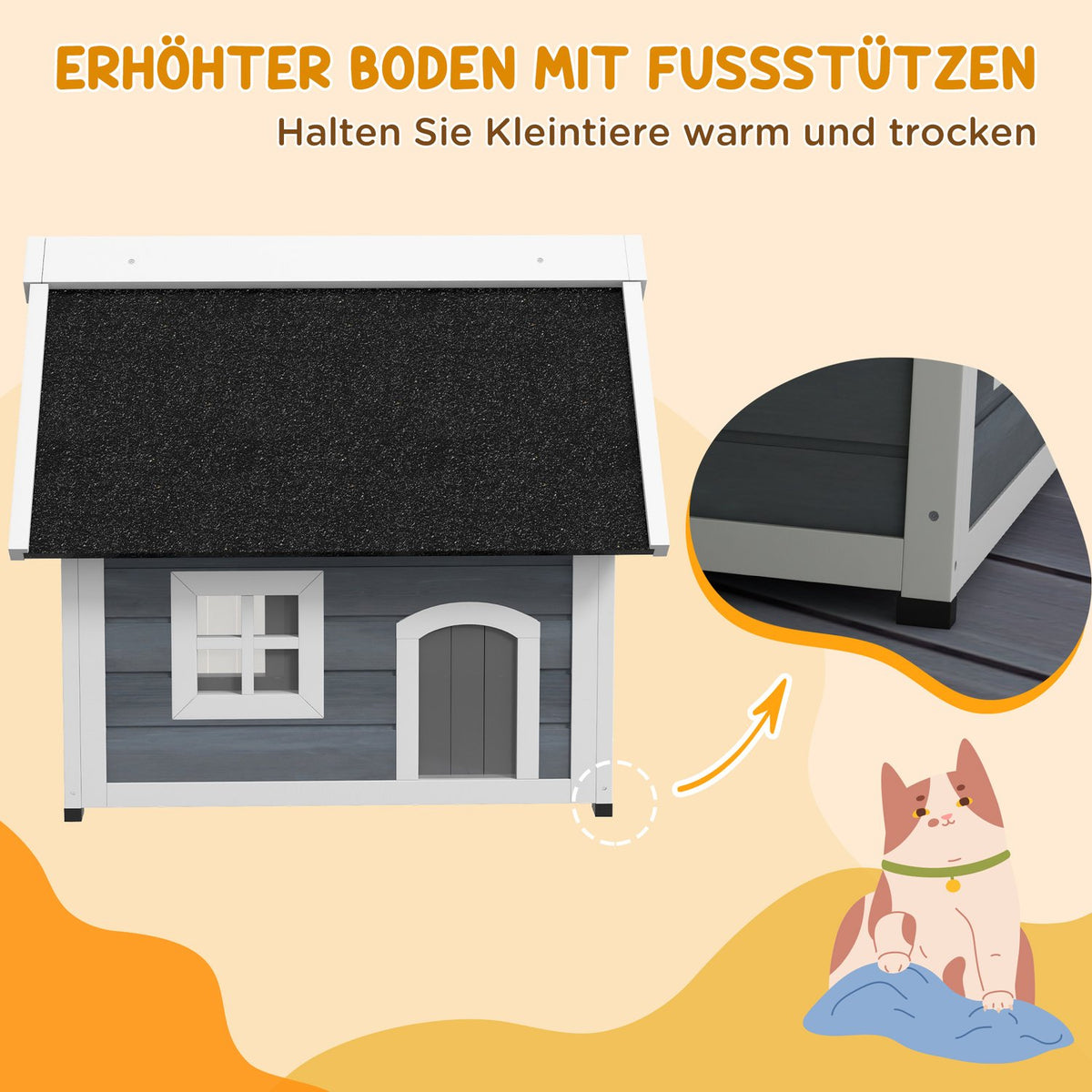 Cat house, wooden cat cave, with hinged asphalt roof, weatherproof cat house with window, 3 doors, 77 x 57.5 x 68 cm, gray