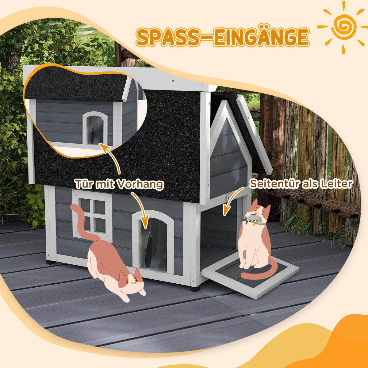 Cat house, wooden cat cave, with hinged asphalt roof, weatherproof cat house with window, 3 doors, 77 x 57.5 x 68 cm, gray
