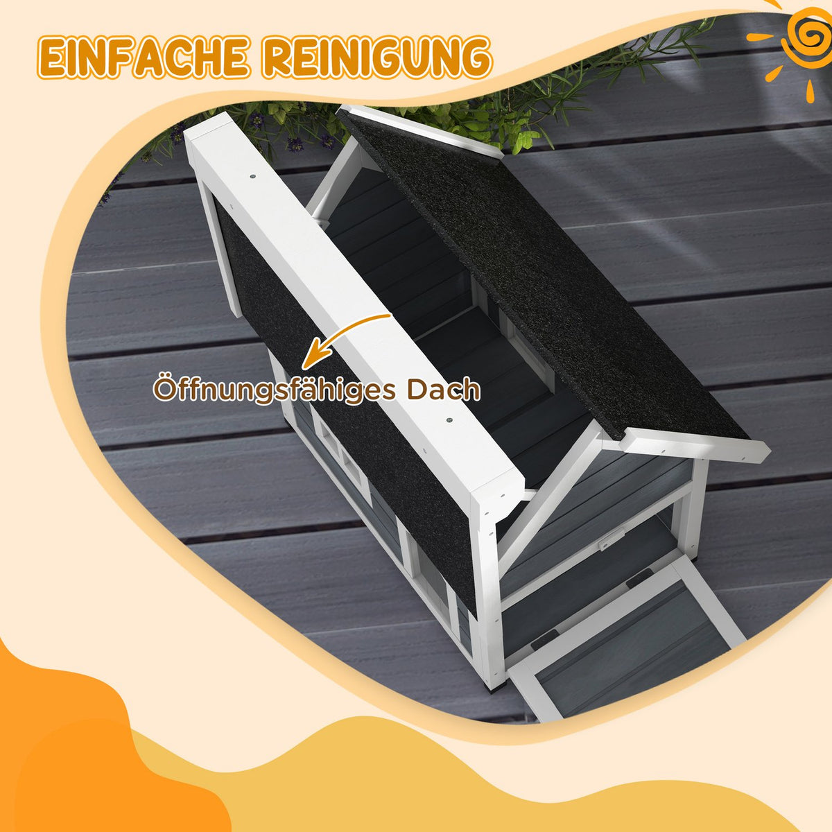 Cat house, wooden cat cave, with hinged asphalt roof, weatherproof cat house with window, 3 doors, 77 x 57.5 x 68 cm, gray