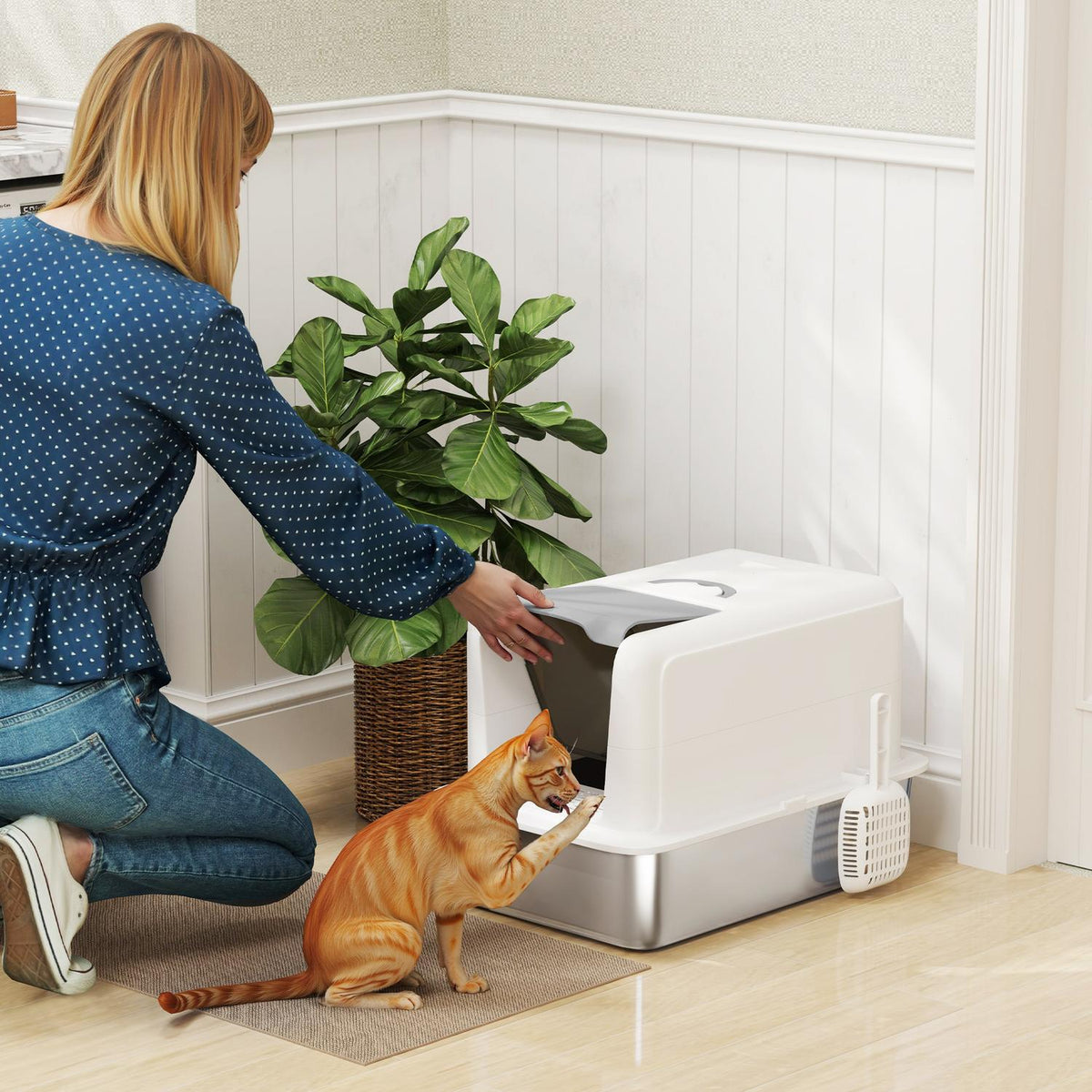 Cat litter box, cat toilet with lid, stainless steel tray, built-in litter filter, including litter scoop, for cats up to 6 kg, white