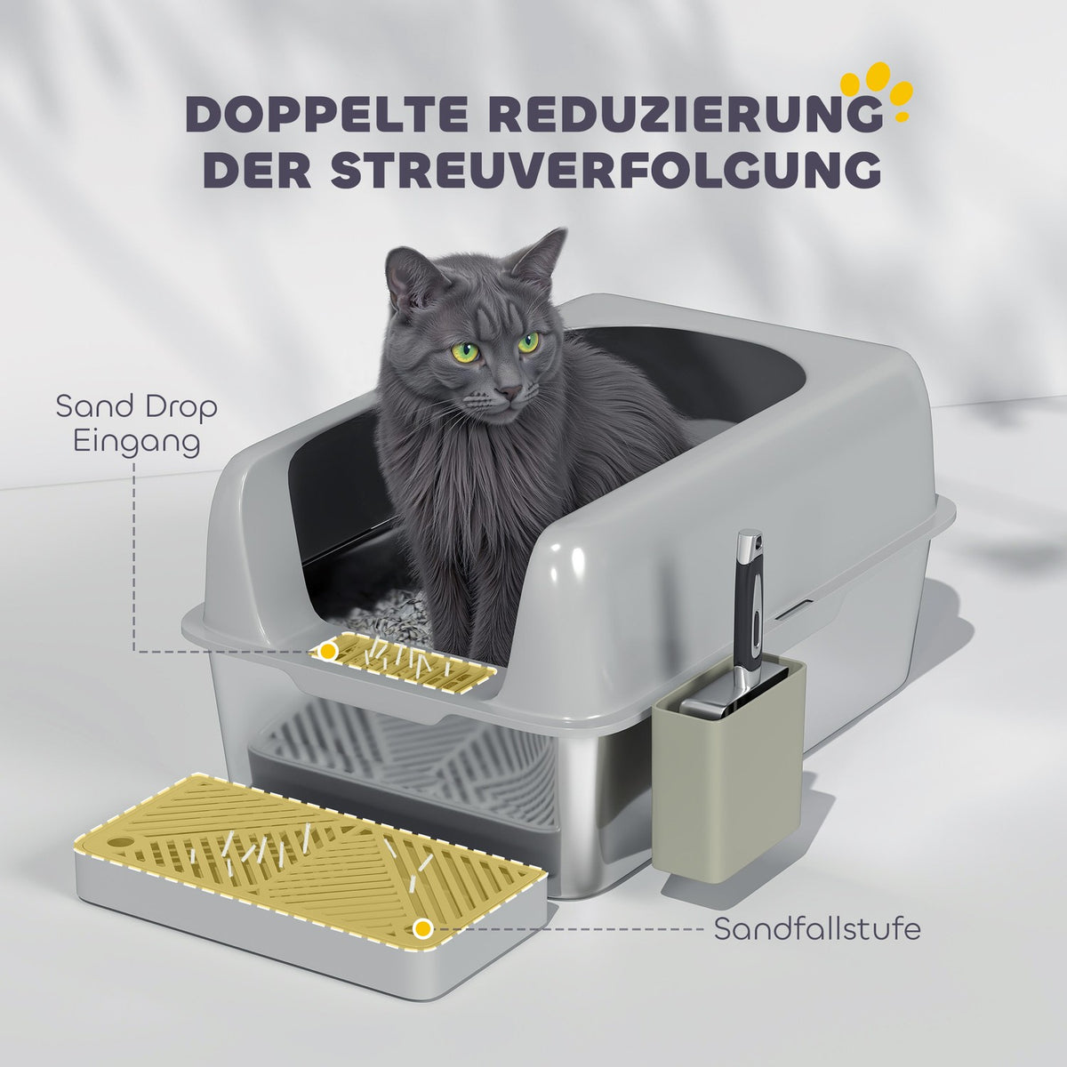 Cat litter box with lid, cat litter box with scoop, stainless steel tub, cat toilet house with storage box for cats under 4.5 kg, indoor, light gray