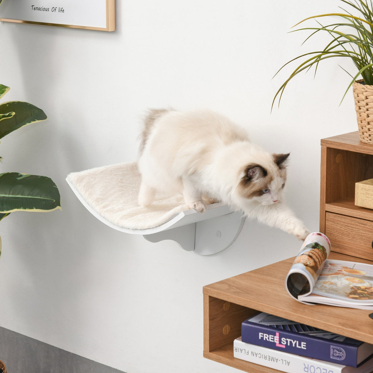 Cat lounger, cat wall lounger, cat bed, cat shelf, wall-mounted plush cushion, white, 41 x 28 x 21 cm