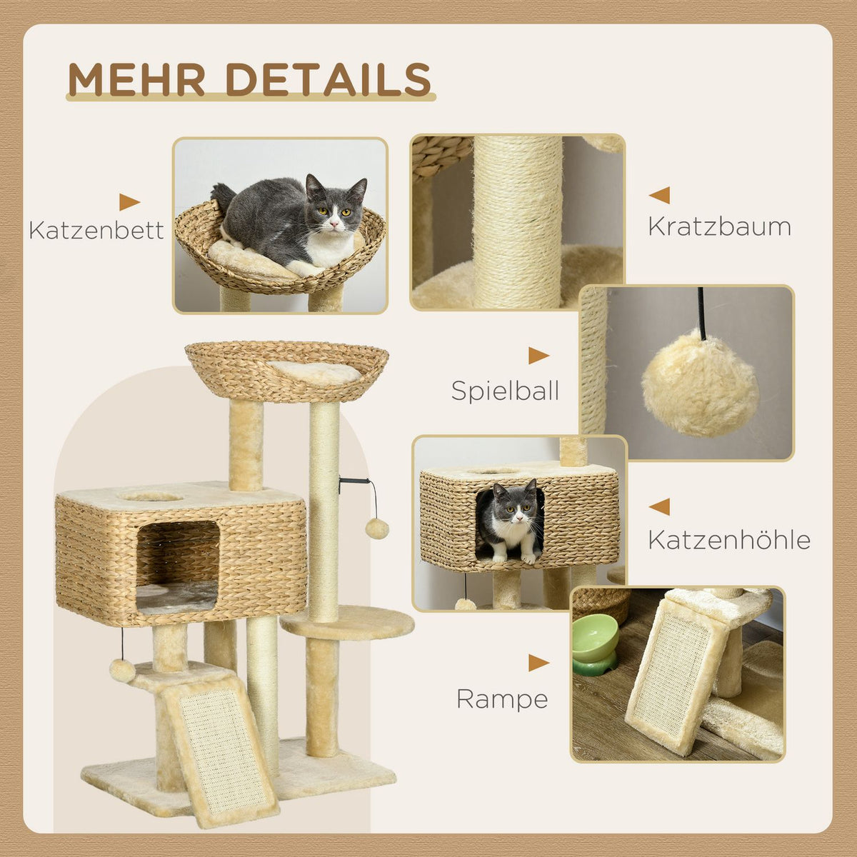 Cat scratching post 98 cm cat tree with 2 lying surfaces, cat scratching post play ball for cats up to 6 kg, cat furniture, sisal, beige
