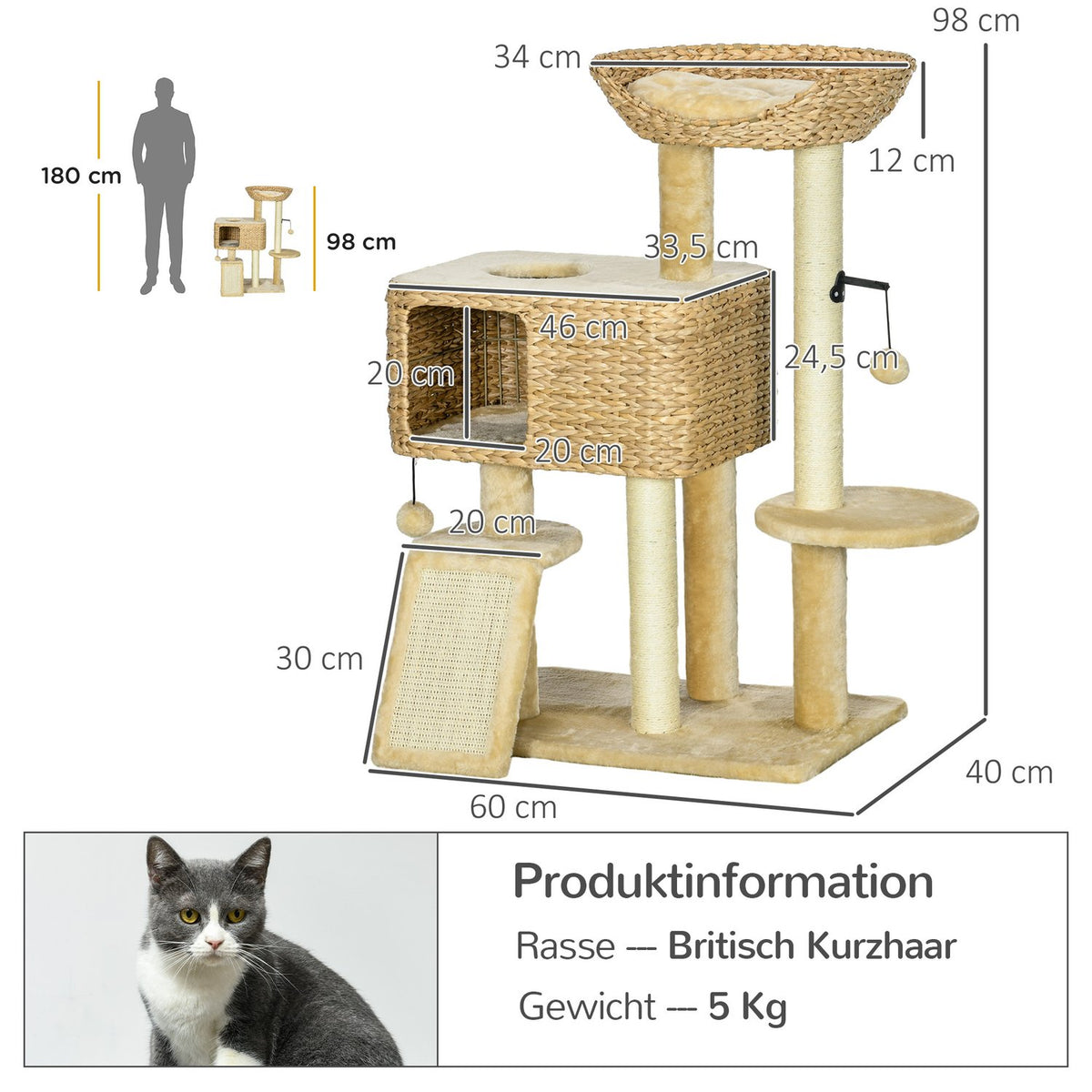 Cat scratching post 98 cm cat tree with 2 lying surfaces, cat scratching post play ball for cats up to 6 kg, cat furniture, sisal, beige