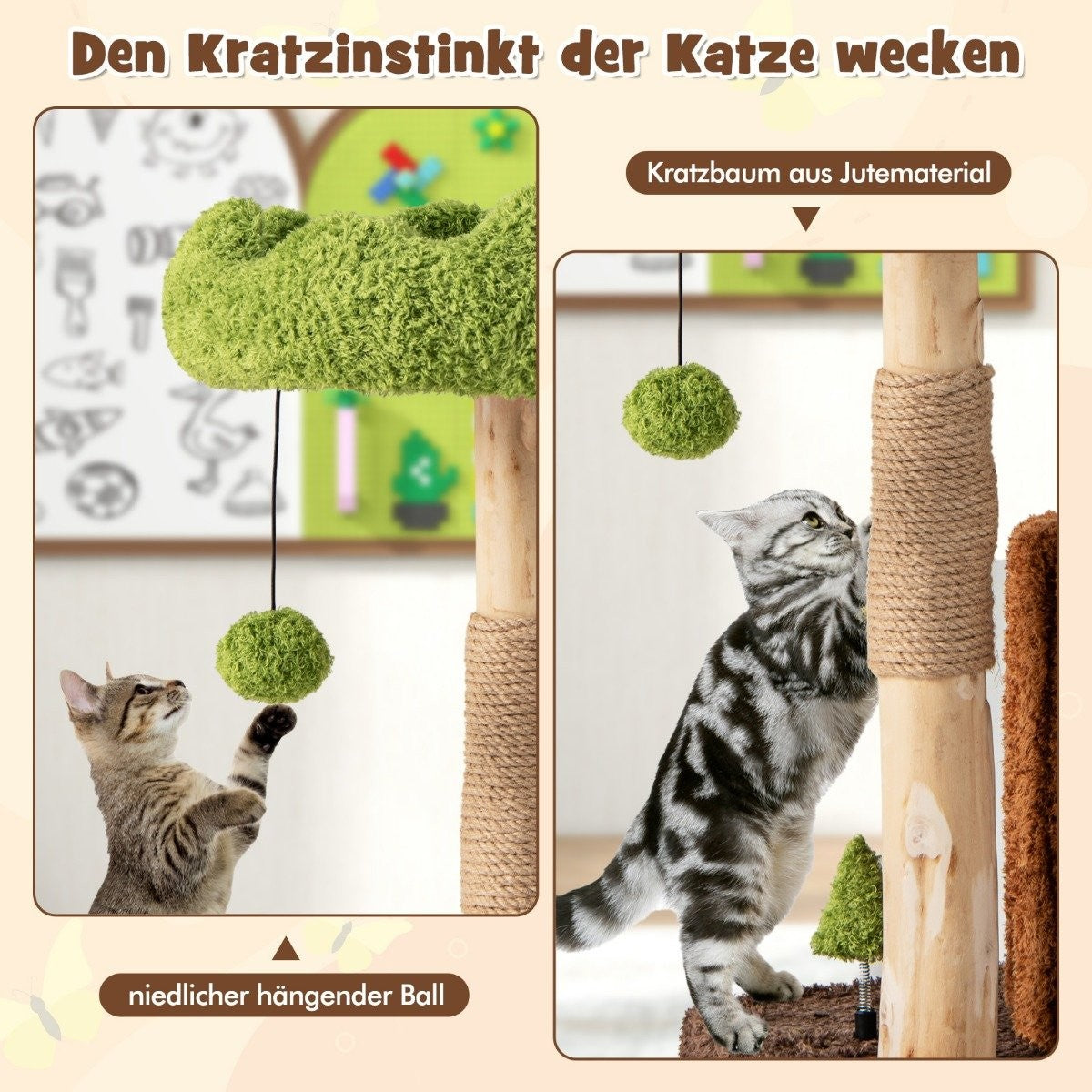 Cat scratching post cat tree with cat cave in tree hole shape brown + green 60 x 46 x 73 cm