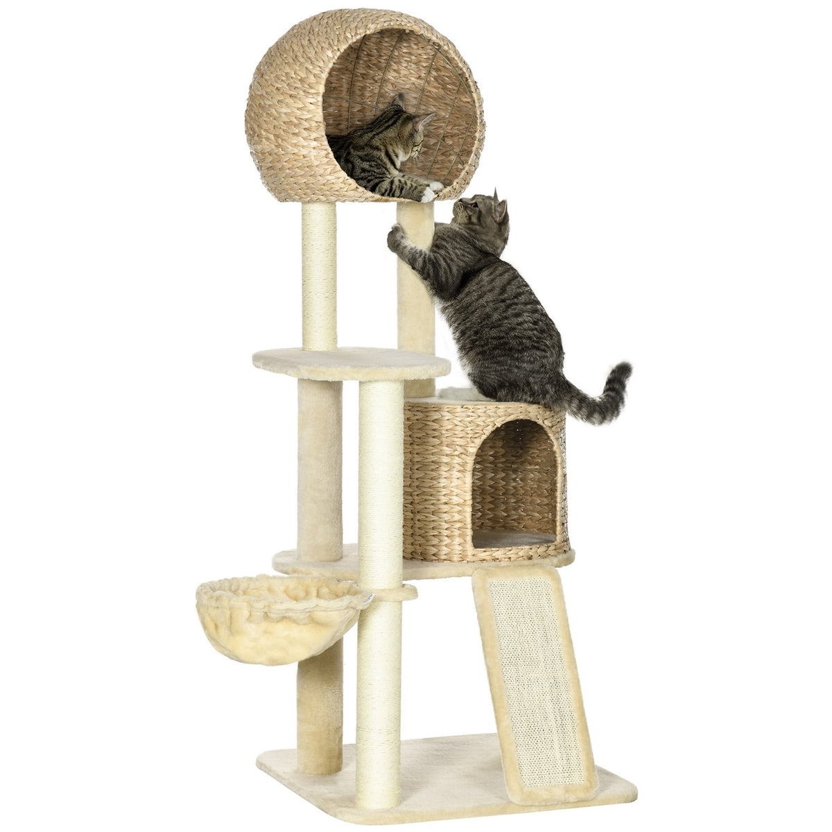 Cat scratching post with rattan cat house, multiple platforms, hammock & ramp, anti-tip, plush, beige, 60 x 60 x 150 cm