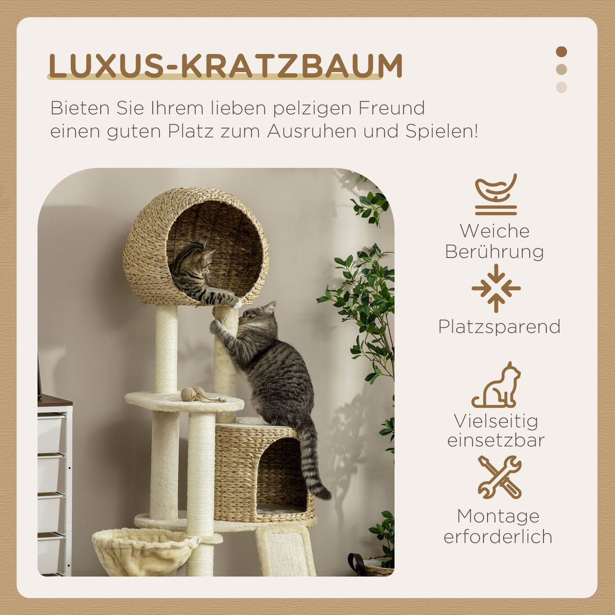 Cat scratching post with rattan cat house, multiple platforms, hammock & ramp, anti-tip, plush, beige, 60 x 60 x 150 cm