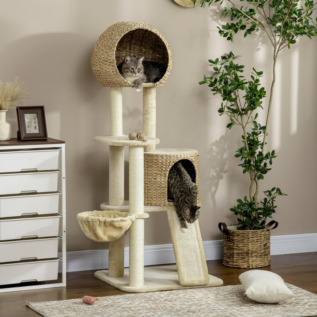 Cat scratching post with rattan cat house, multiple platforms, hammock & ramp, anti-tip, plush, beige, 60 x 60 x 150 cm