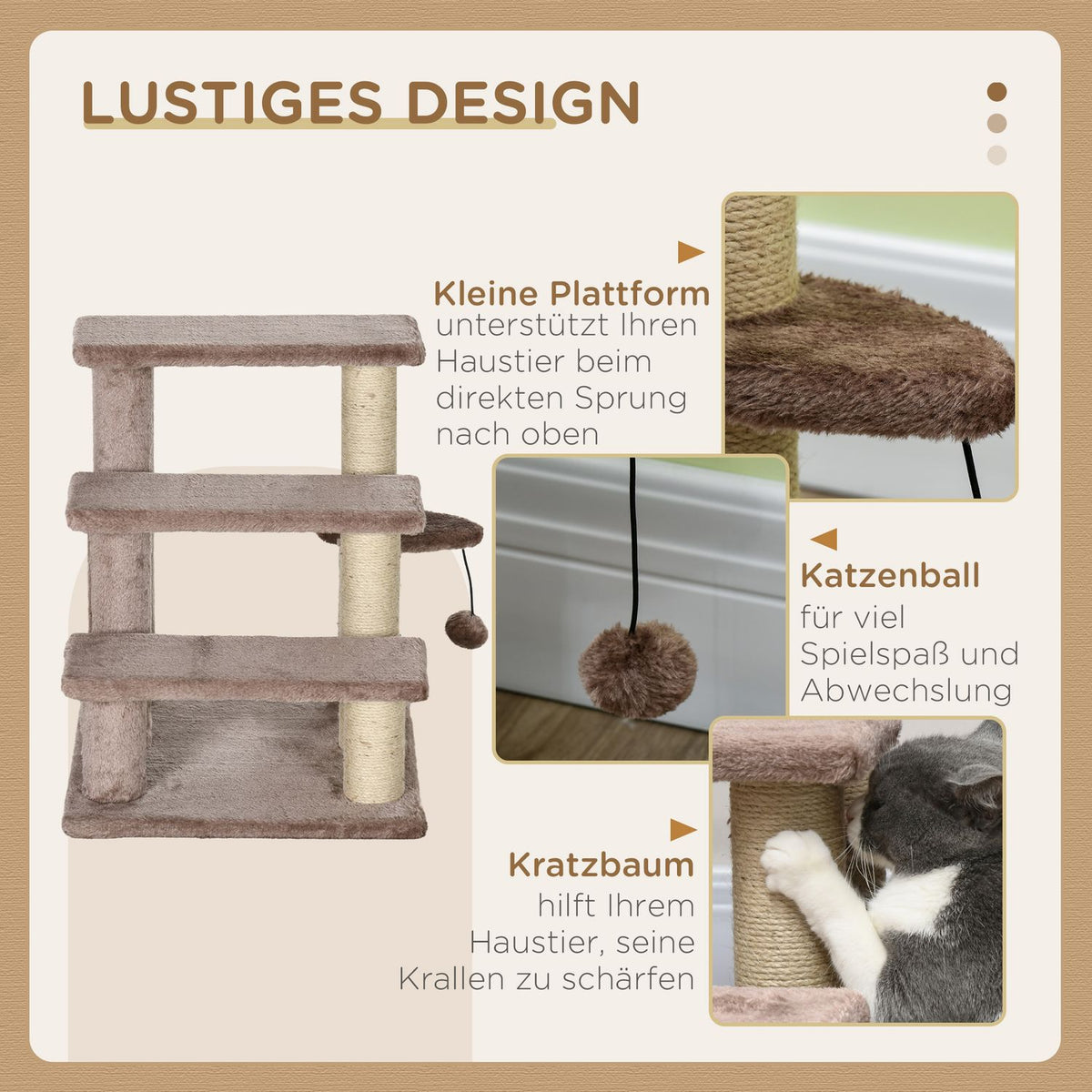 Cat stairs, animal stairs for cats, dog stairs, 3 steps, with scratching posts, play ball, plush, brown, 45x40x48cm