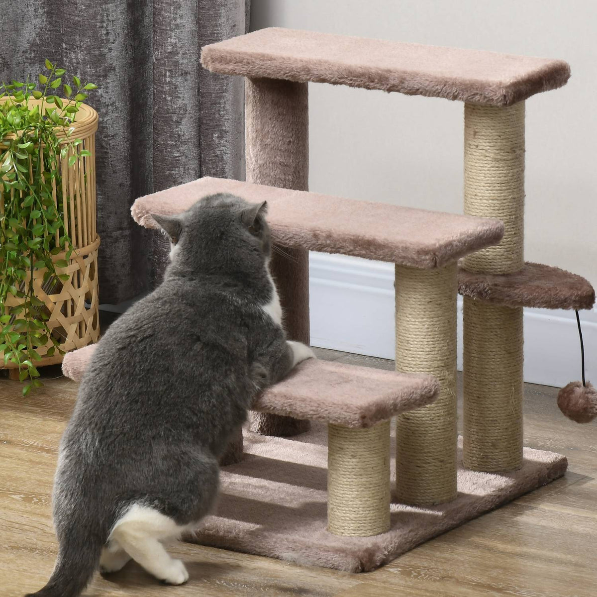 Cat stairs, animal stairs for cats, dog stairs, 3 steps, with scratching posts, play ball, plush, brown, 45x40x48cm