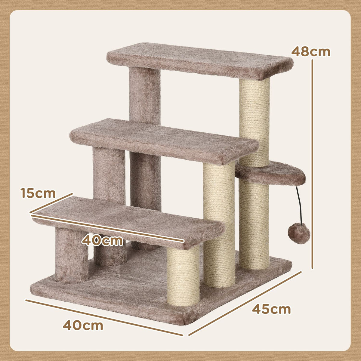 Cat stairs, animal stairs for cats, dog stairs, 3 steps, with scratching posts, play ball, plush, brown, 45x40x48cm