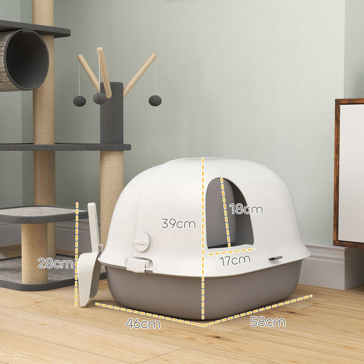 Cat toilet with lid, cat litter box with sieve, door, scoop, closed cat toilet house for small cats under 3.5 kg, indoor, plastic, light grey